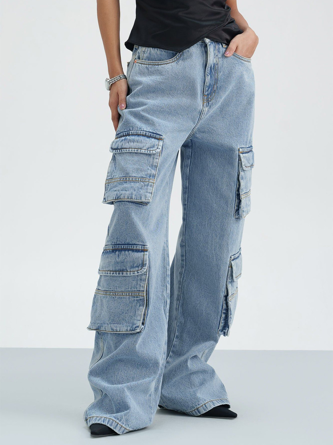 

FREAKINS Women Pure Cotton Relaxed Fit High-Rise Cargo Style Jeans, Blue