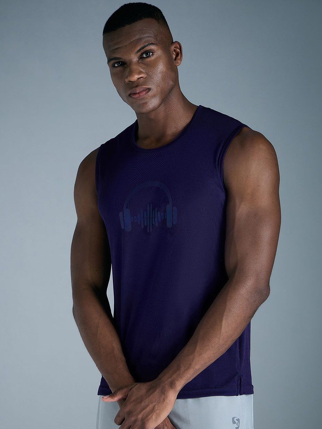 

SG Men Printed Round Neck Gym Vests, Navy blue