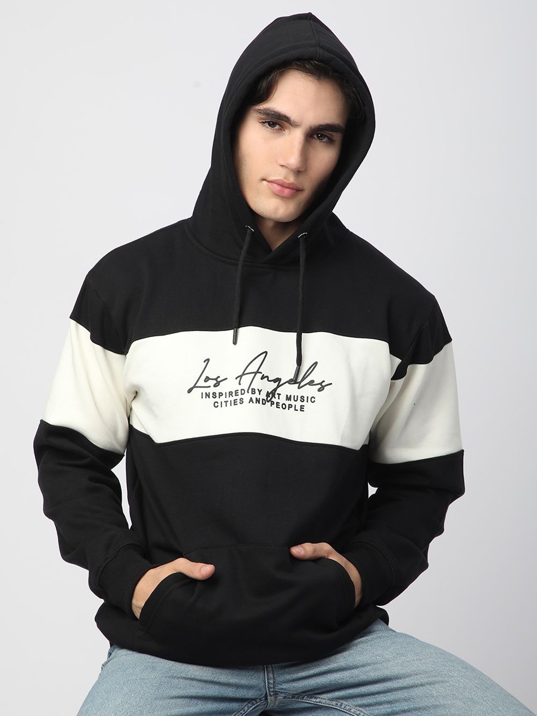 

R&B Men Colourblocked Hooded Sweatshirt, Black