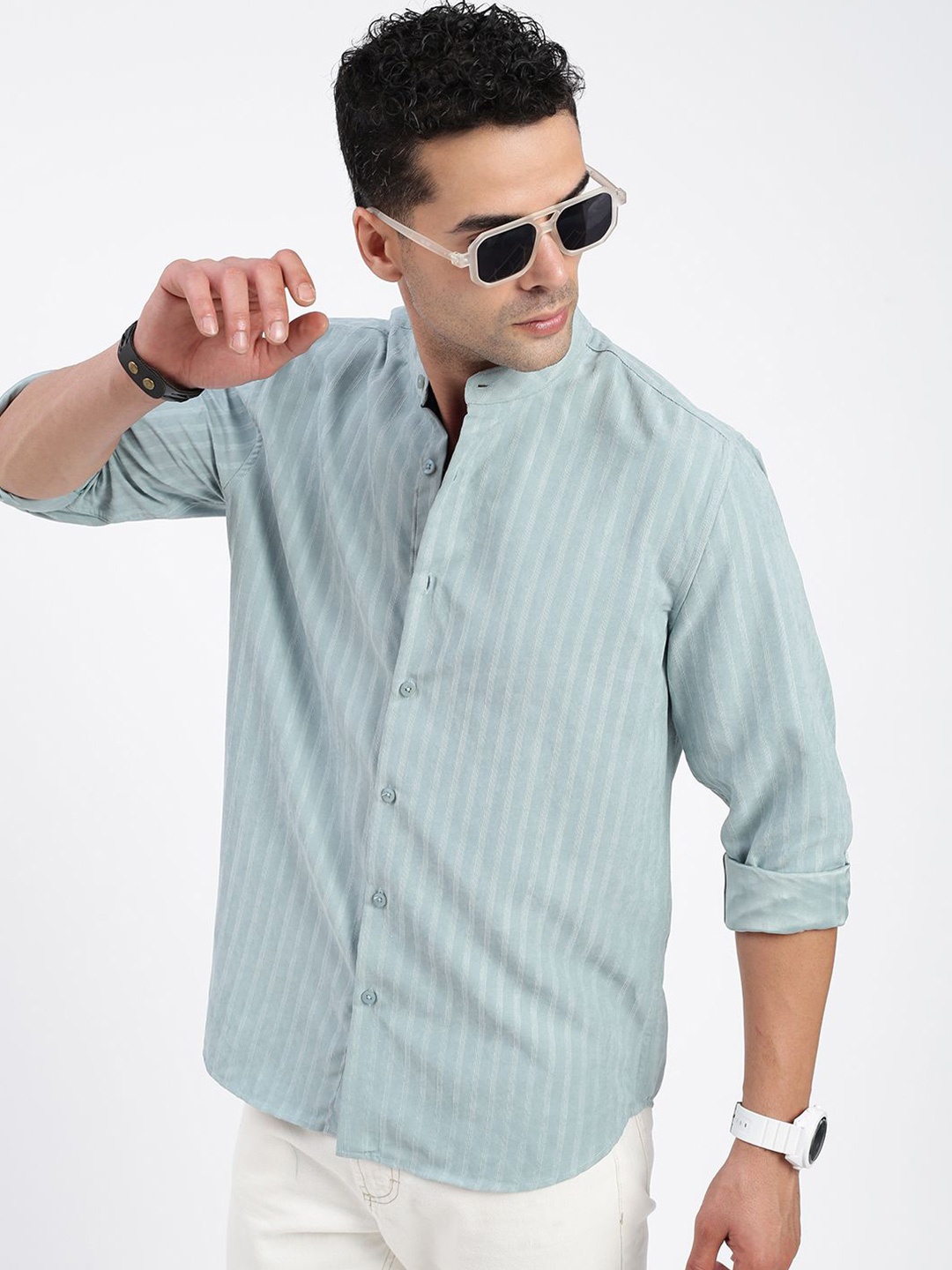 

SHOWOFF Men Standard Band Collar Textured Cotton Casual Shirt, Blue
