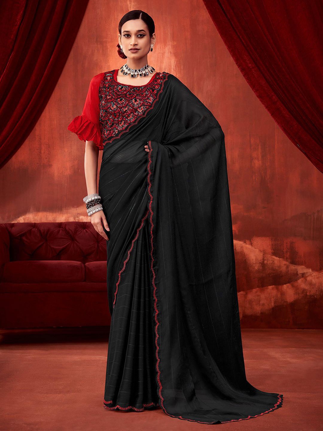 

SANSKAR Solid Embroidered Saree, Black