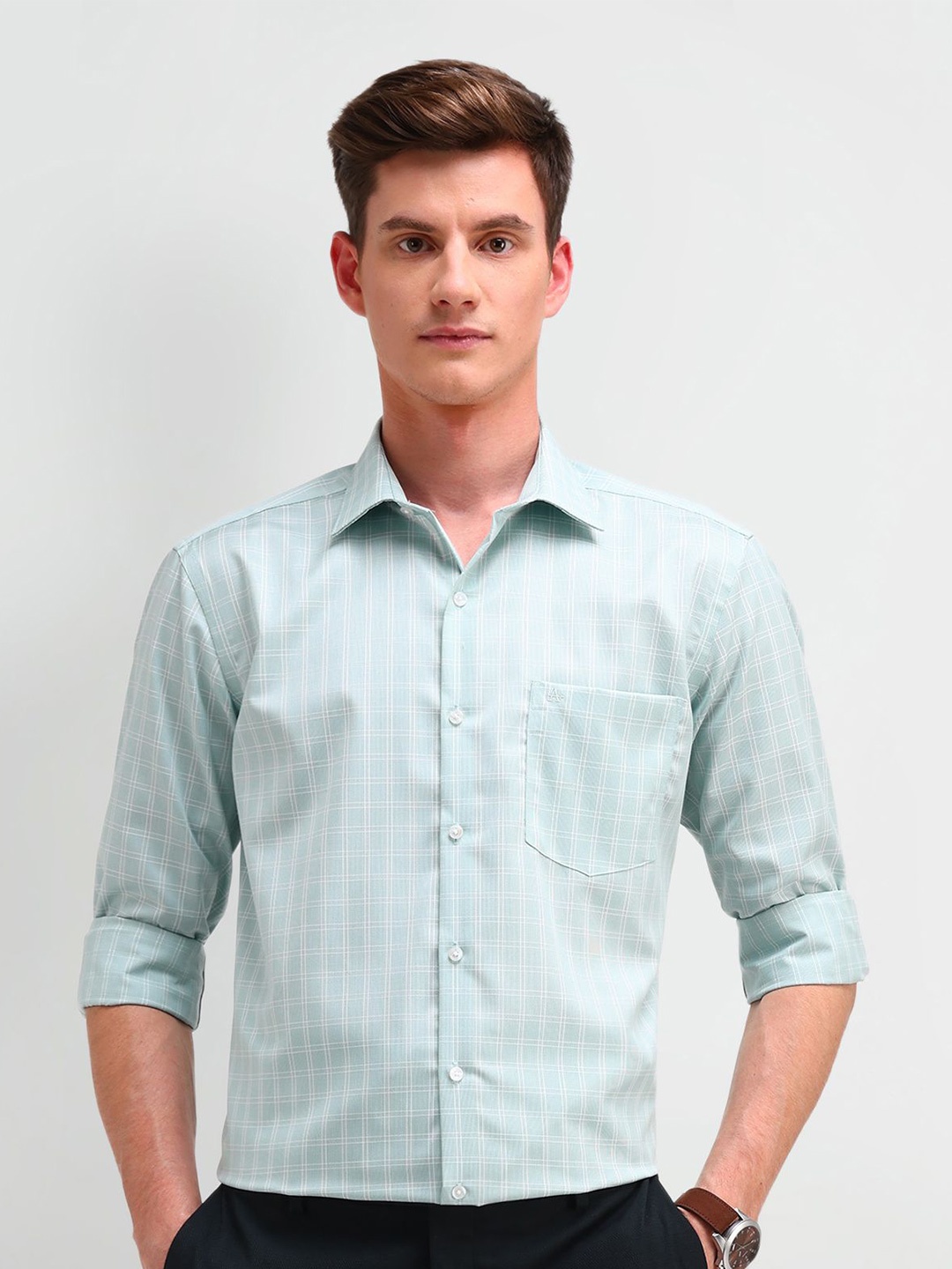 

Arrow Men Classic Spread Collar Checked Cotton Formal Shirt, Sea green