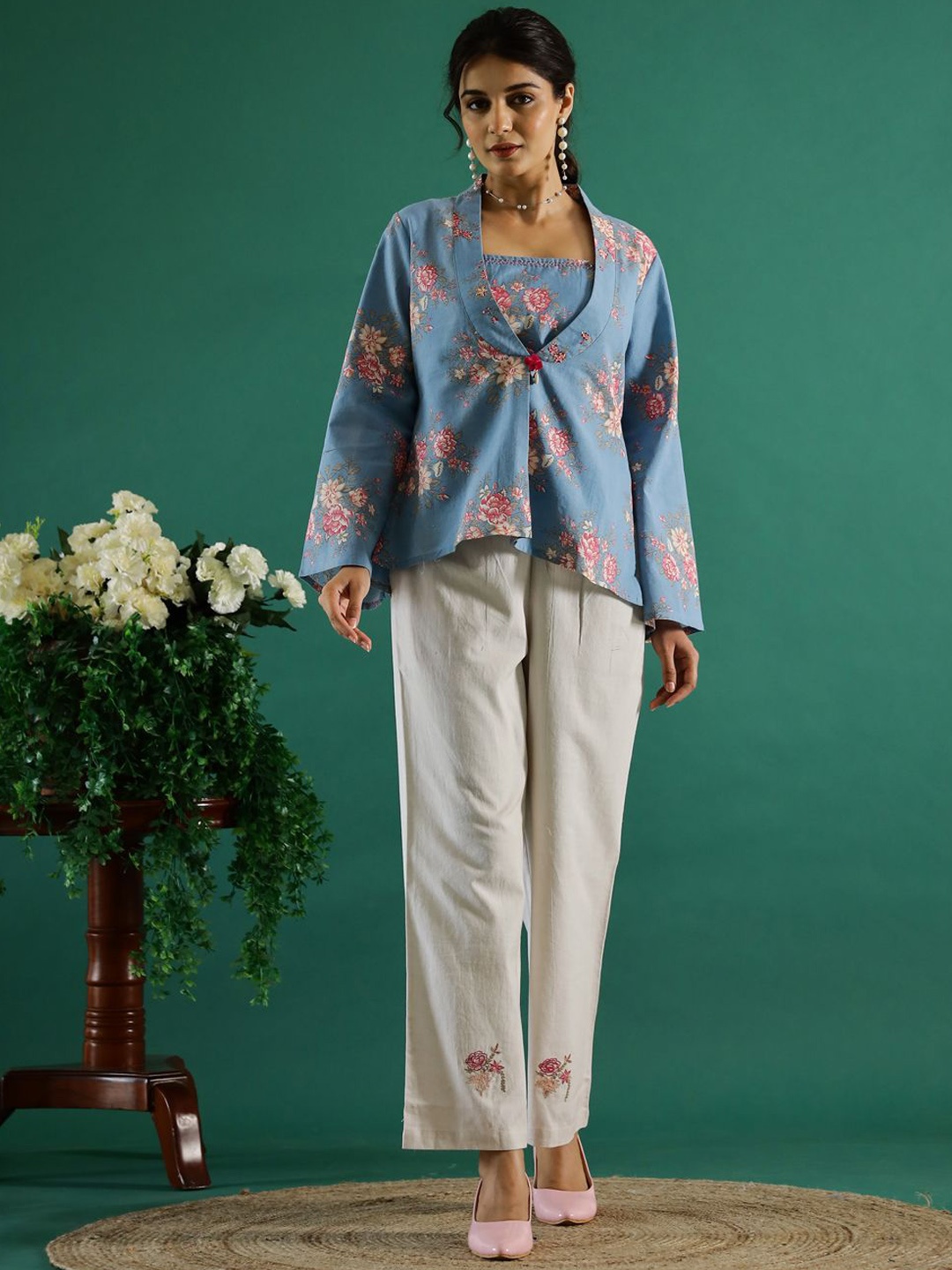 

Sangria Blazer Embroidered Top & Trouser With Shurg, Blue