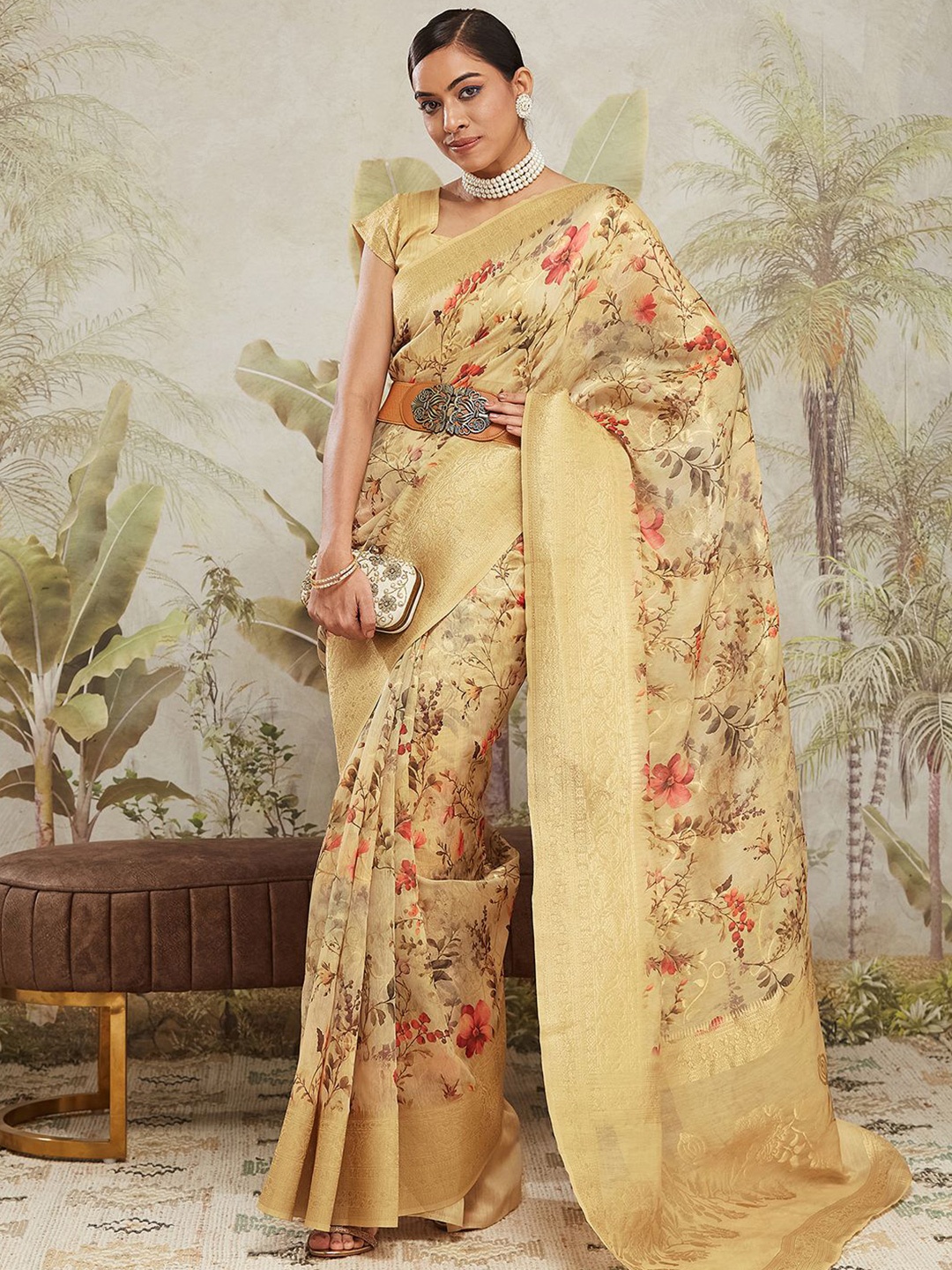 

RACHNA Floral Zari Ready to Wear Banarasi Saree, Yellow