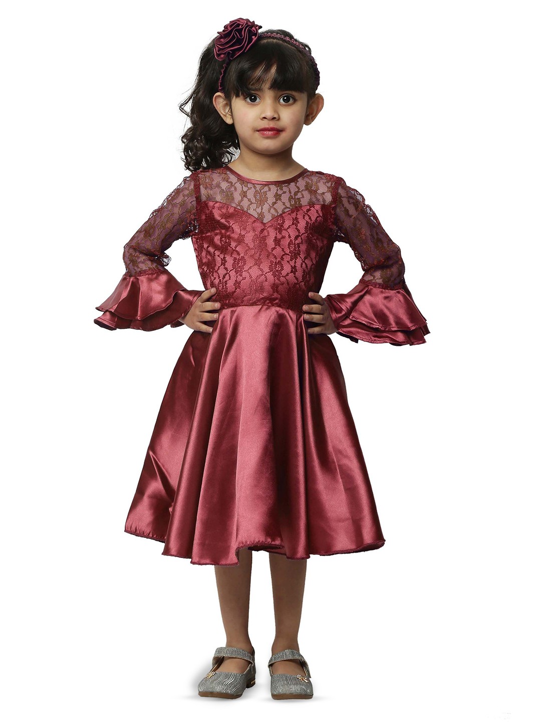 

Wish little Girls Satin Bell Sleeves Fit and Flare Dress, Maroon