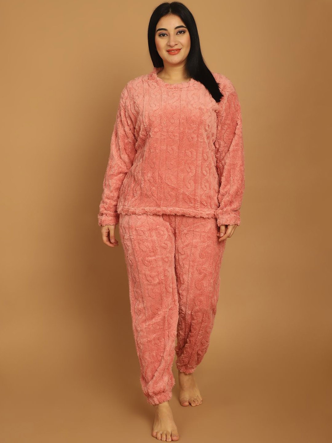 

TAG 7 Women Self Design Round Neck Long Sleeves Casual Night suit, Pink