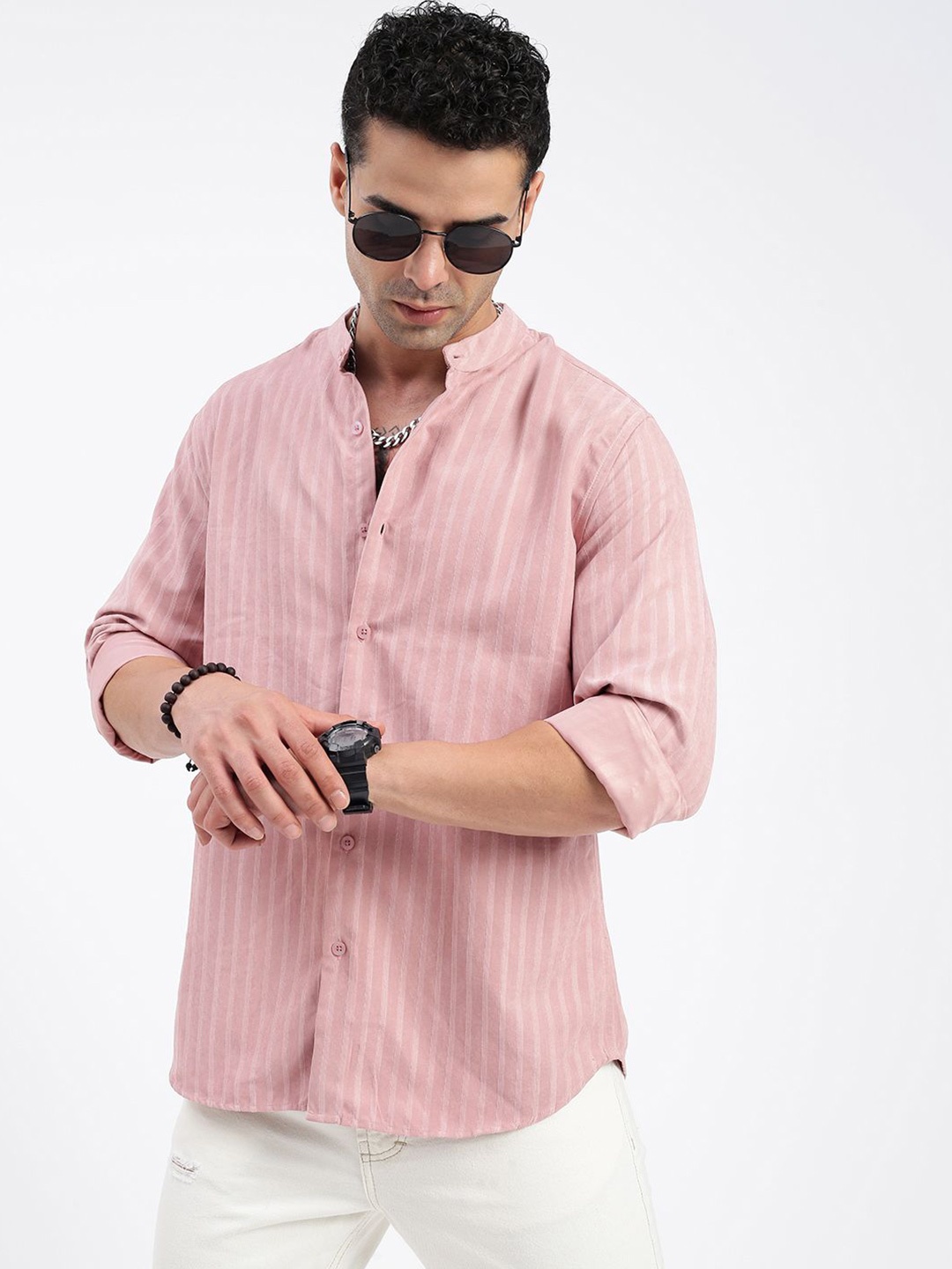 

SHOWOFF Men Standard Band Collar Textured Cotton Casual Shirt, Peach