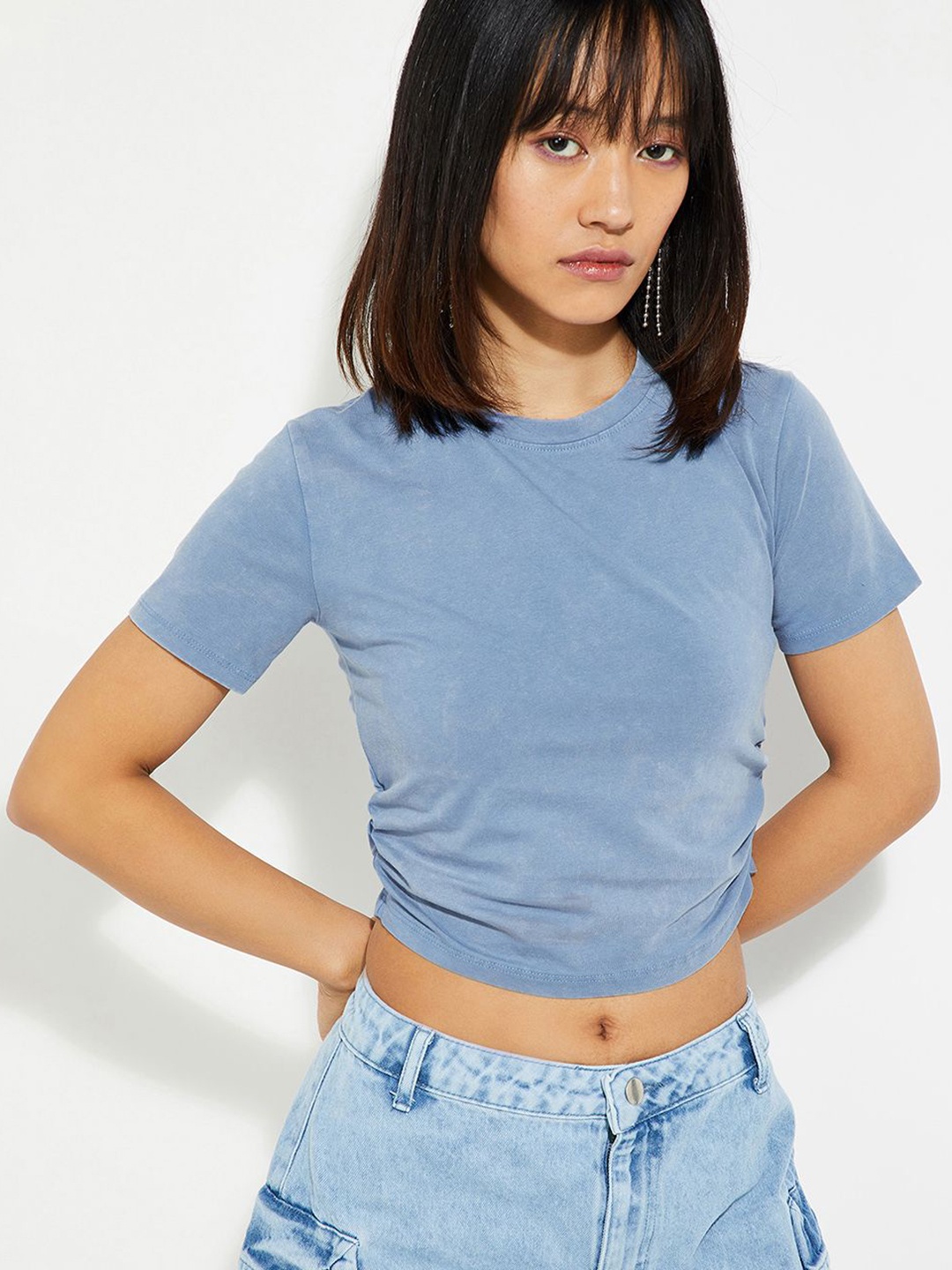 

MAX URB_N Women Acid Washed Ruched T-shirt, Blue