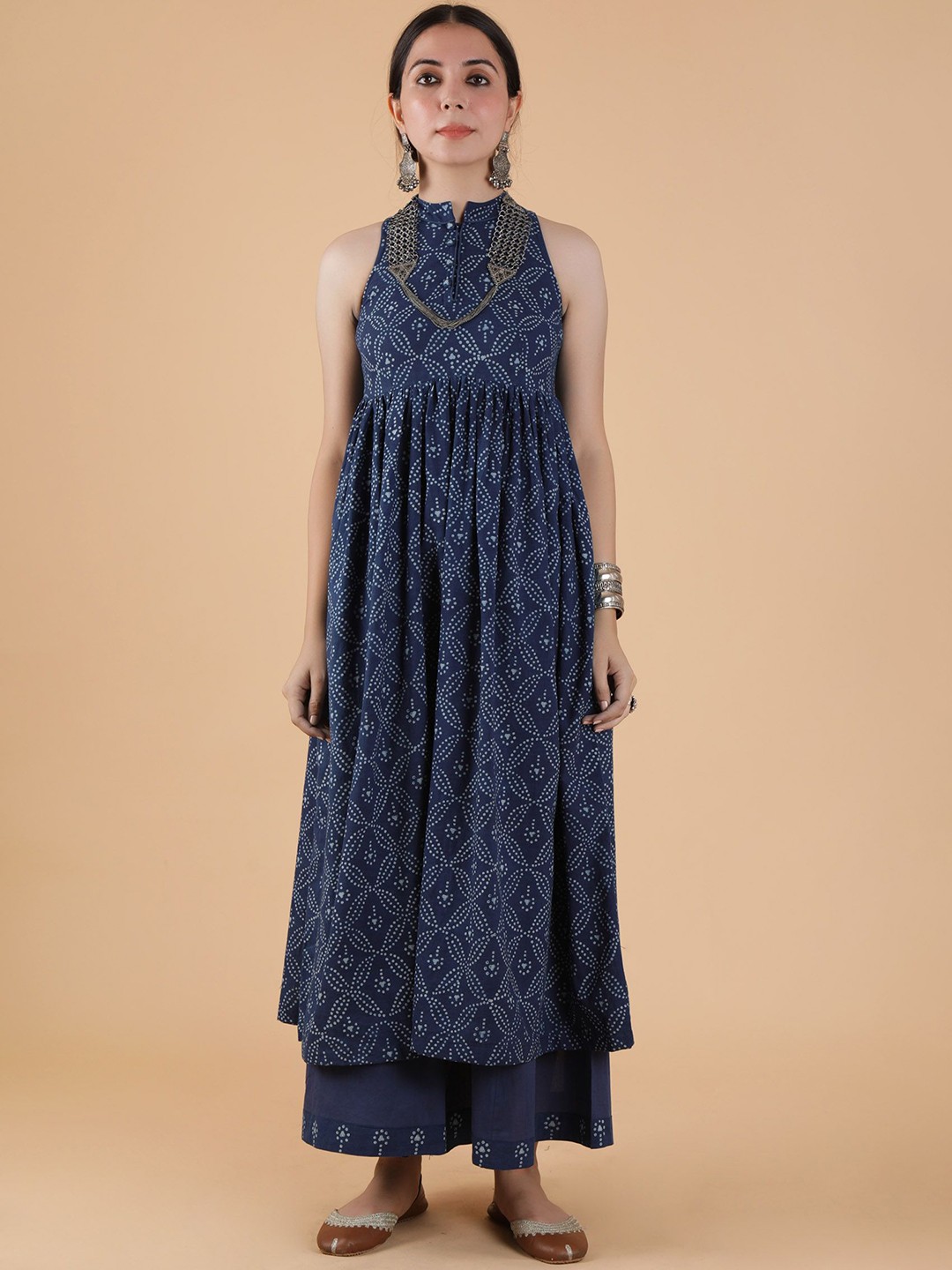 

TJORI Bandhani Jaal Printed Pure Cotton Bandhgala Anarkali Kurta with Palazzos, Blue