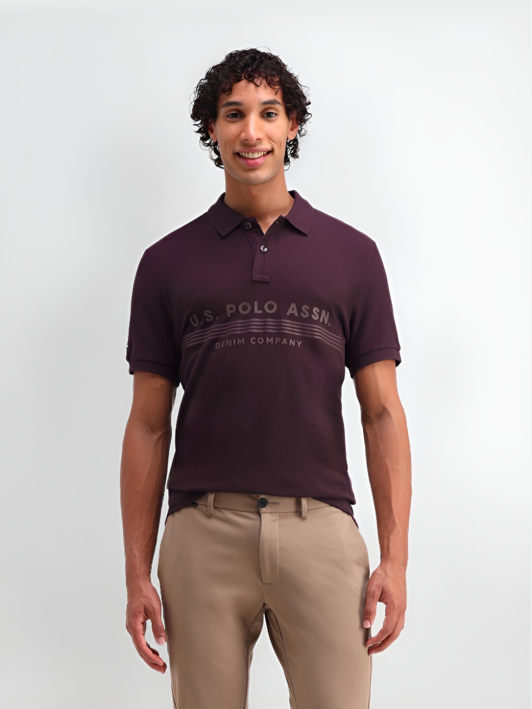 

U.S. Polo Assn. Denim Co. Men Typography Printed Polo Collar Cotton Slim Fit T-shirt, Burgundy