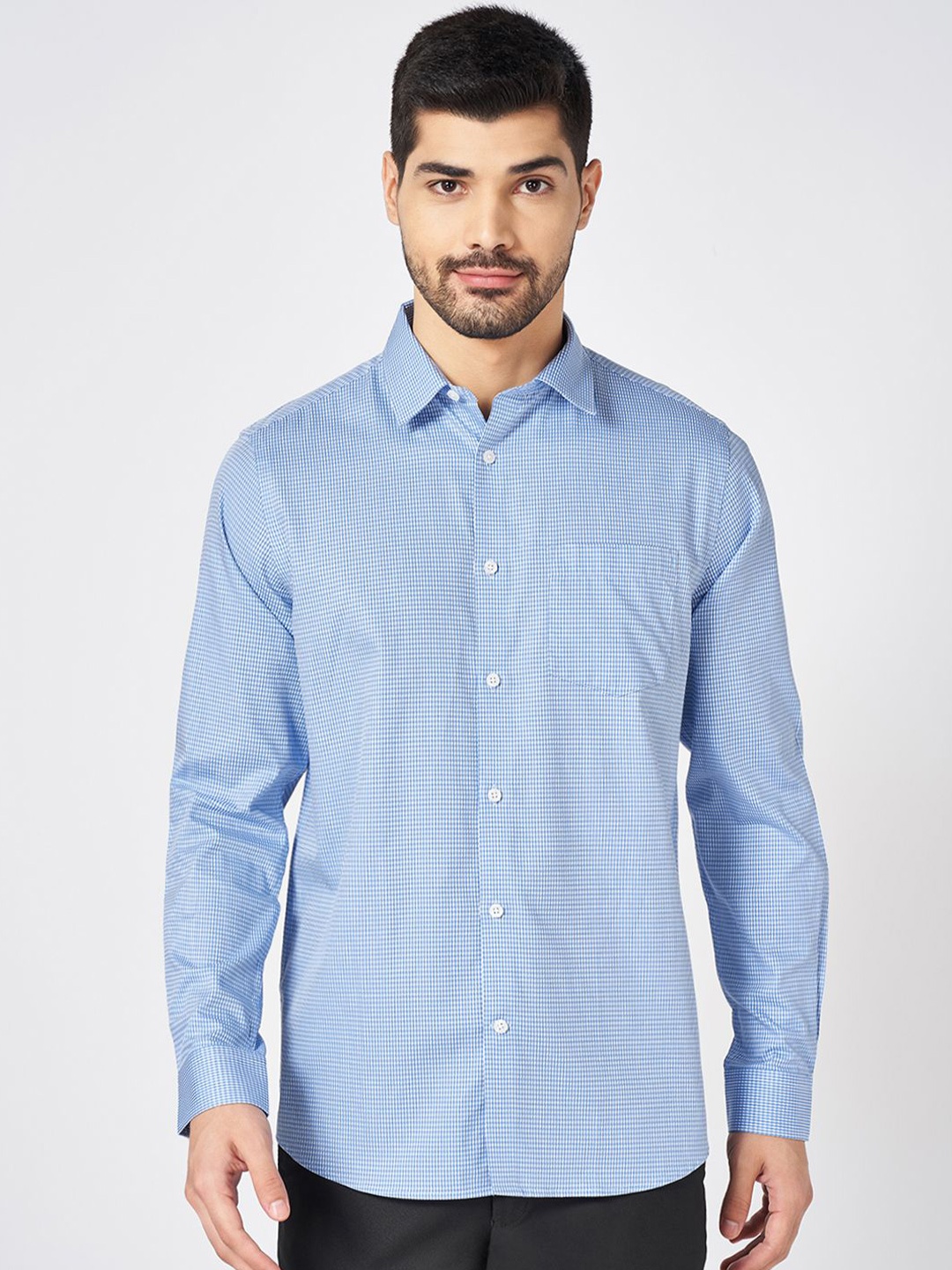 

Peregrine by Pantaloons Men Spread Collar Micro Checked Cotton Formal Shirt, Blue