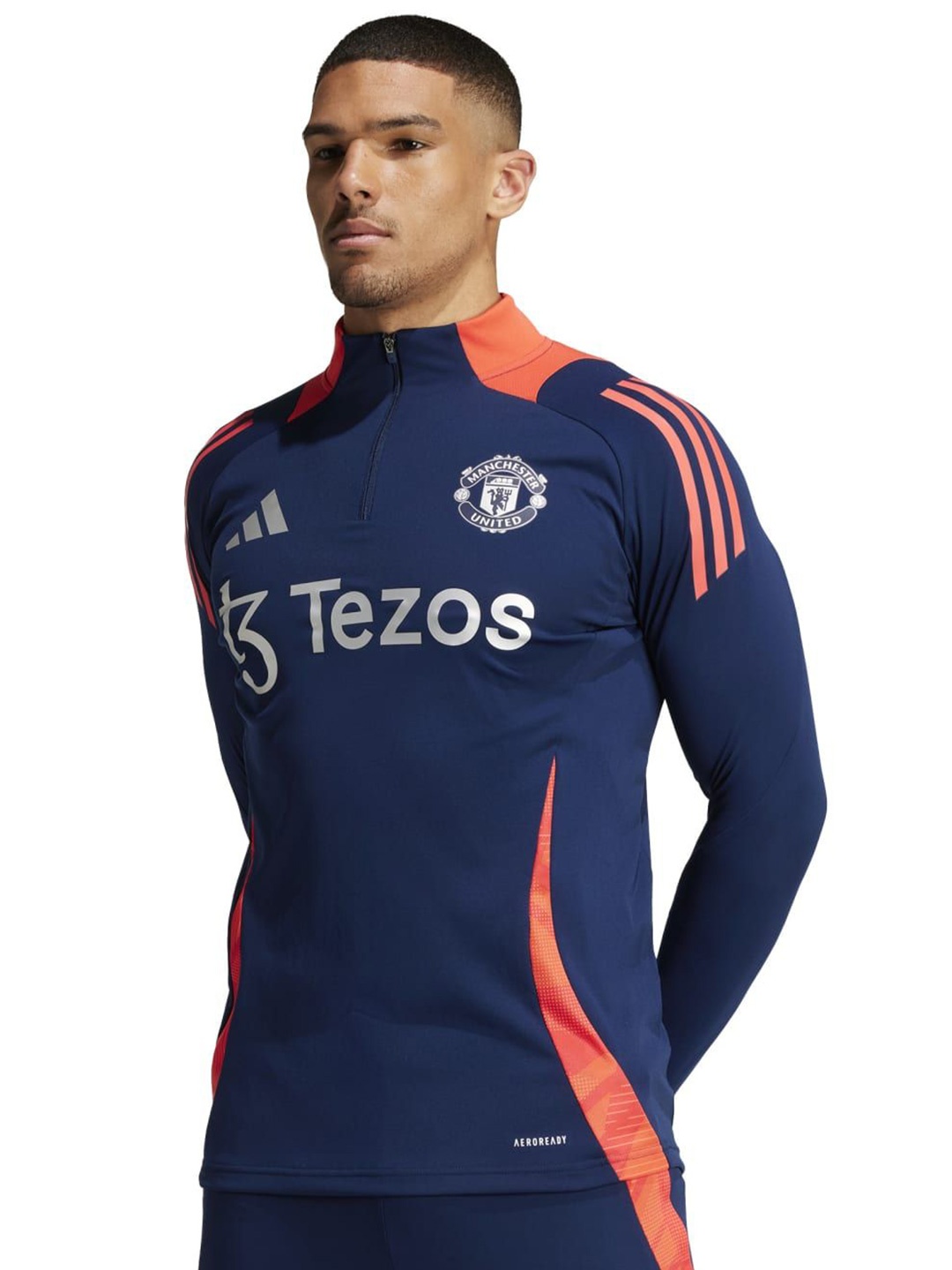 

ADIDAS Mufc TR Top Men Typography Printed High Neck Slim Fit T-shirt, Blue