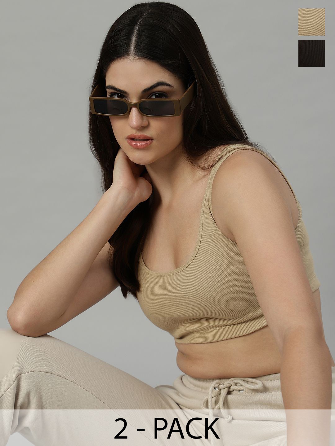 

UnaOne Women Round Neck Cotton Crop Top, Khaki