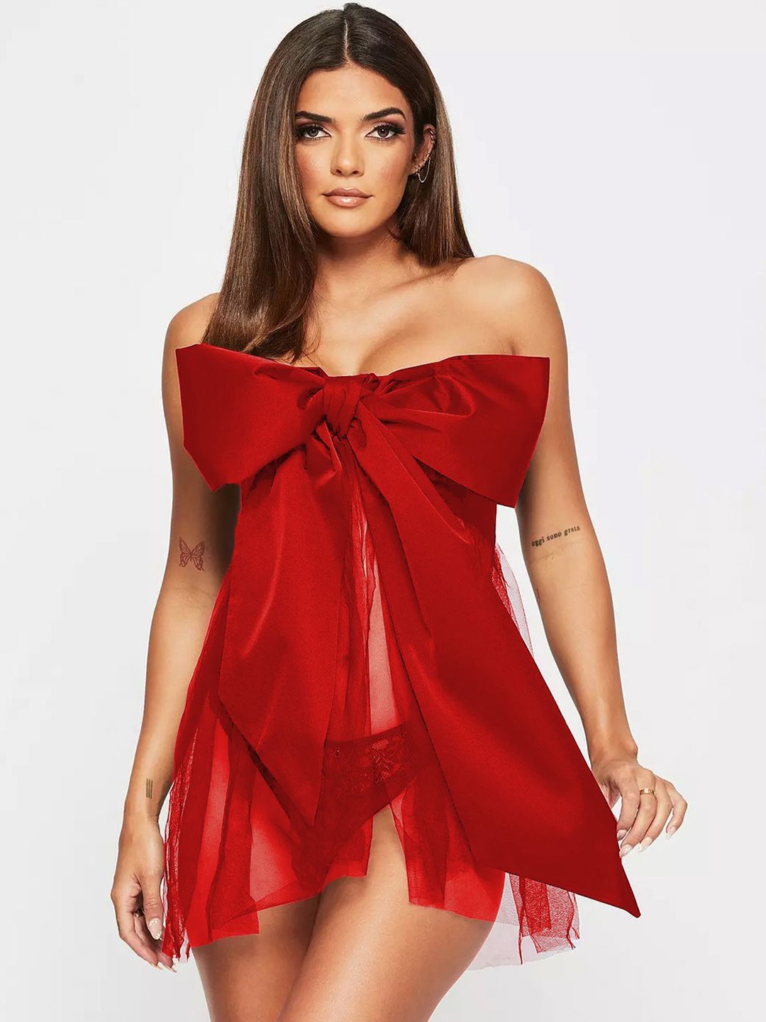 

VAGHBHATT Net Self Design Strapless Baby Doll, Red