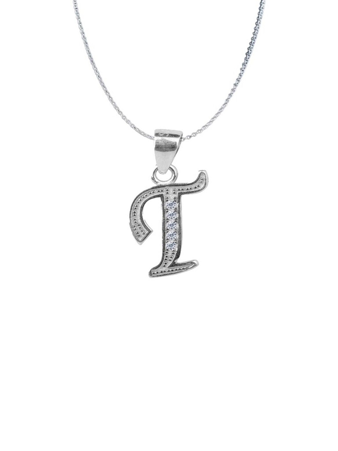 

Paavni 925 Sterling Silver Rhodium-Plated CZ Studded T Alphabet Pendant
