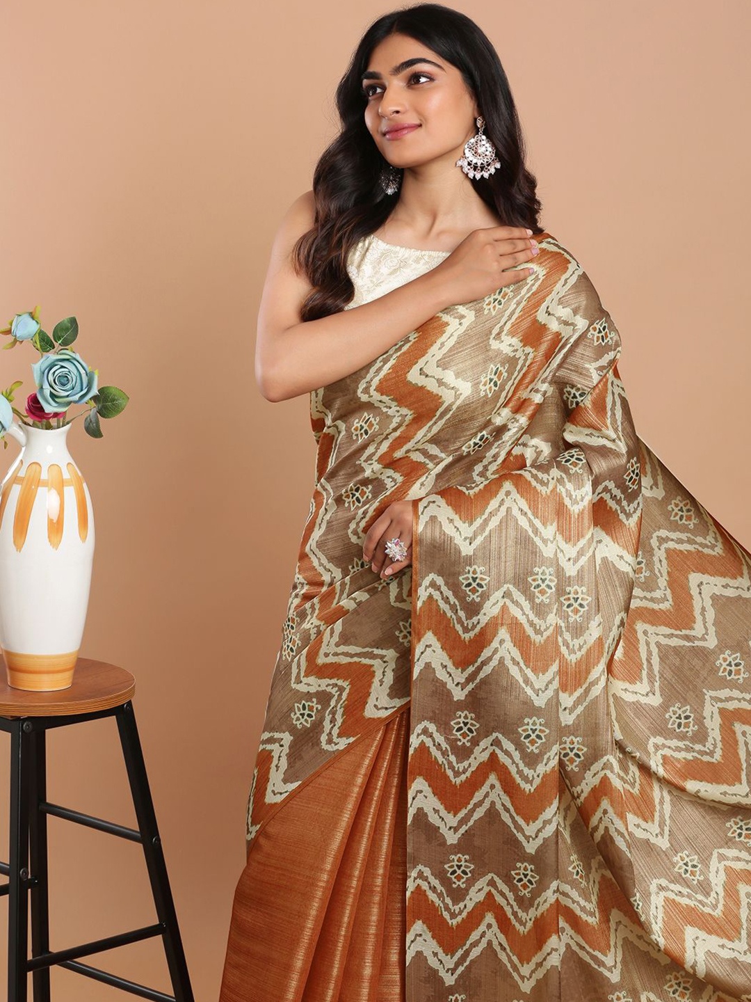 

Kalyan Silks Geometric Printed Tussar Saree With Blouse Piece, Orange