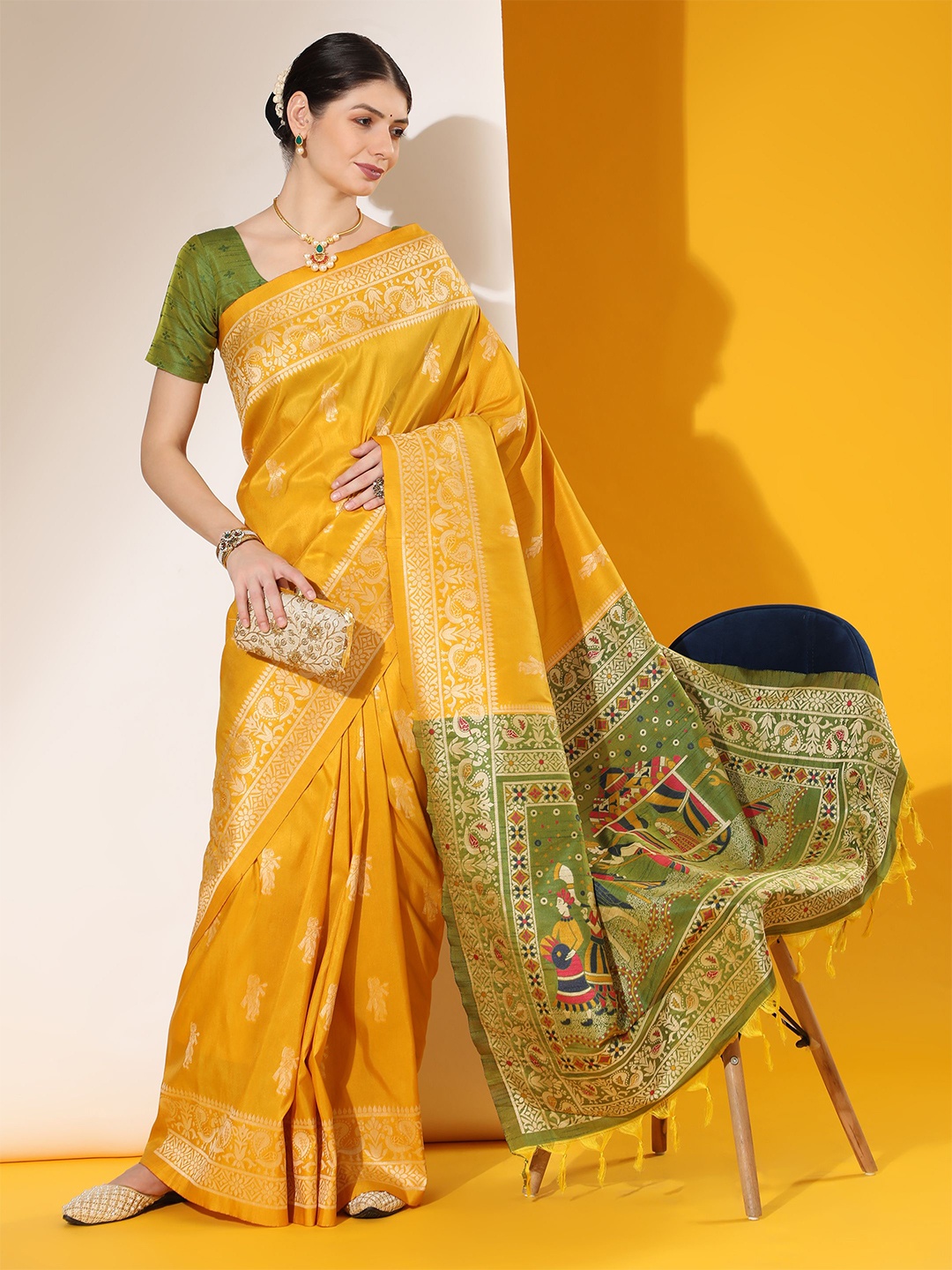 

Jinal & Jinal Woven Design Zari Pure Silk Banarasi Saree, Yellow