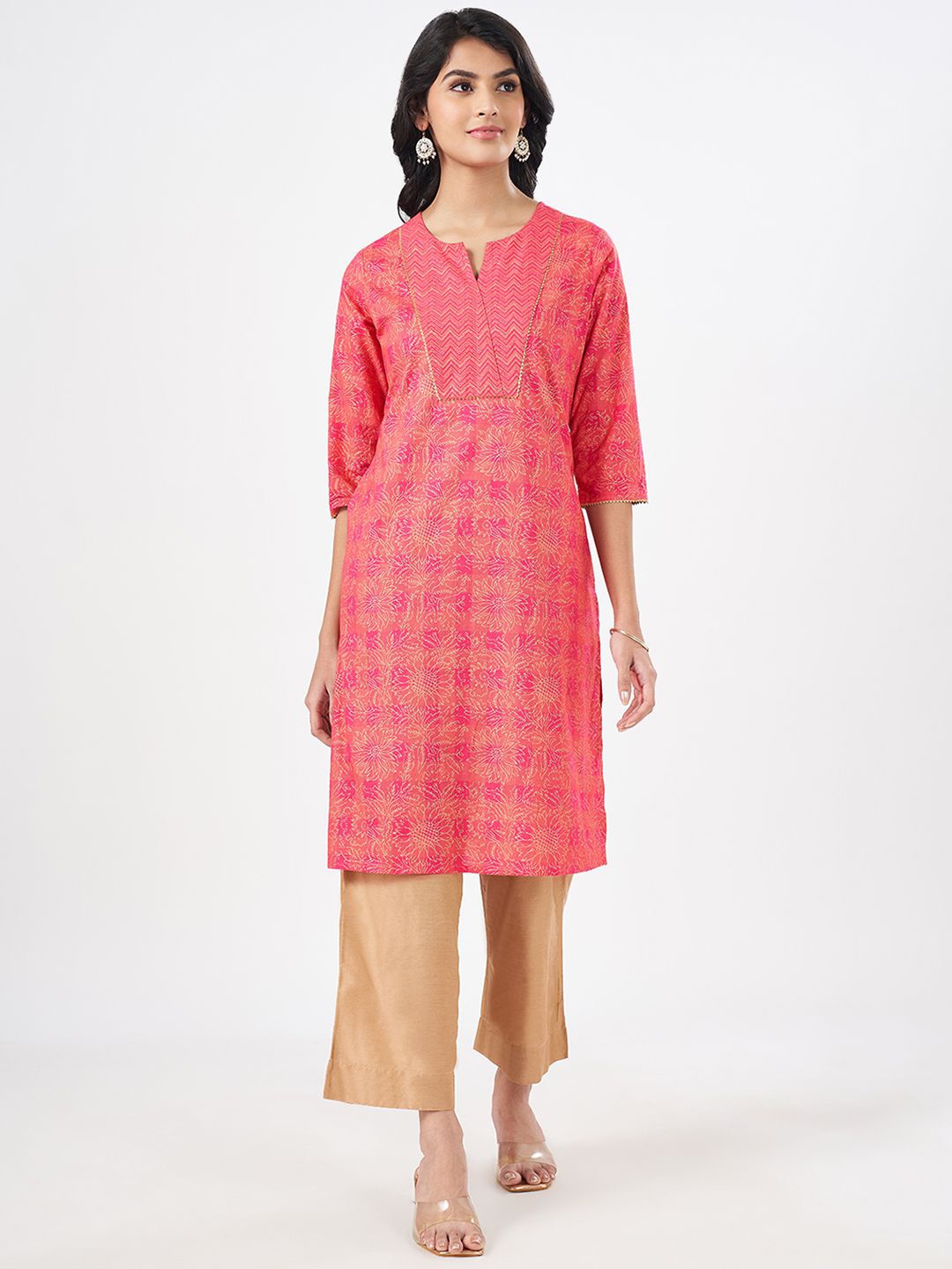 

RANGMANCH BY PANTALOONS Floral Printed Cotton Straight Kurta, Pink