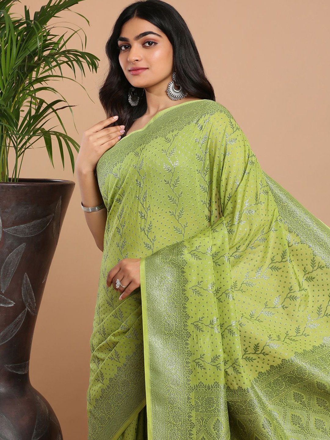 

Kalyan Silks Zari Jute Silk Chanderi Saree, Green