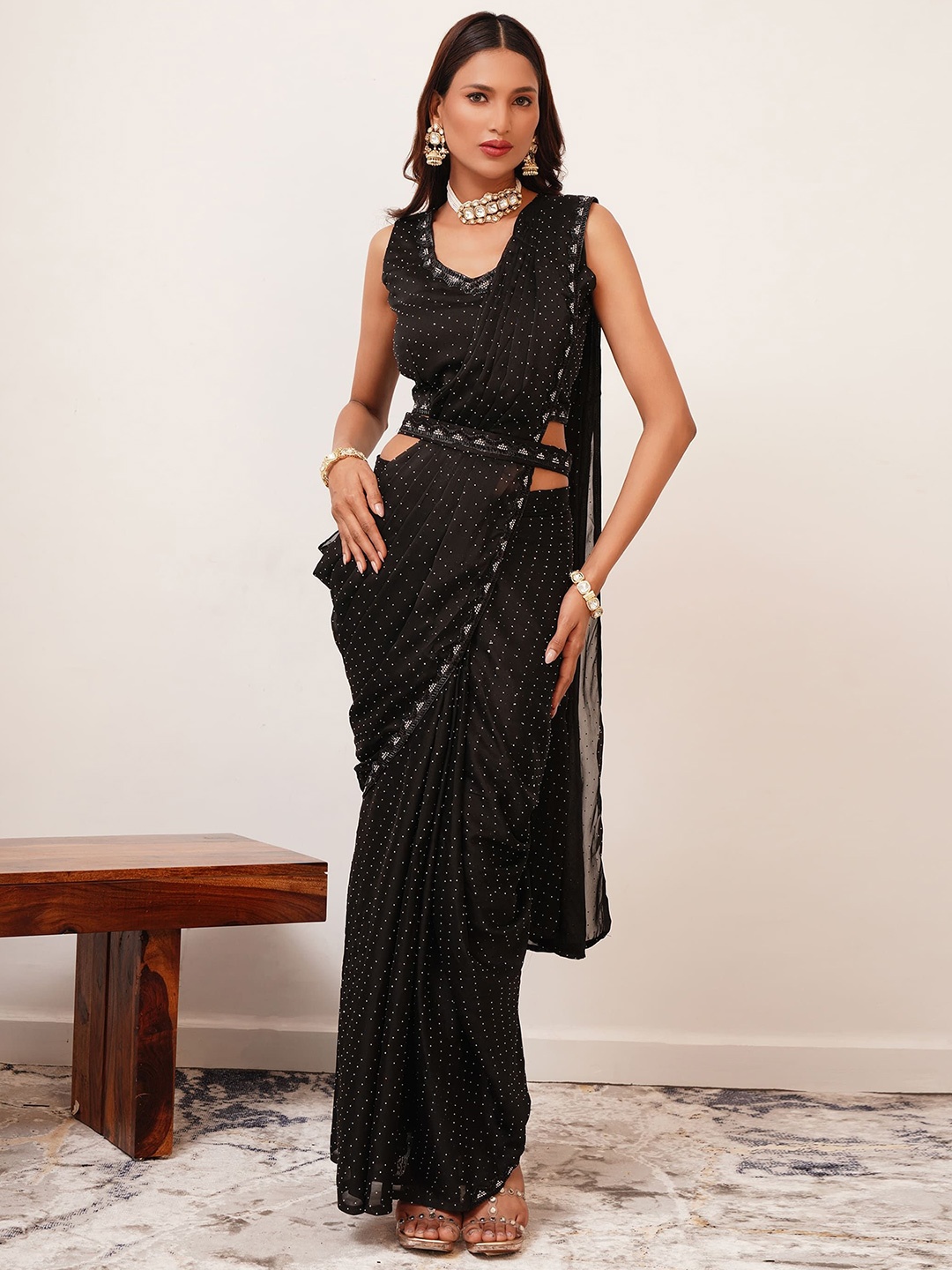 

AMOHA TRENDZ Embellished Beads and Stones Ready to Wear Saree, Black