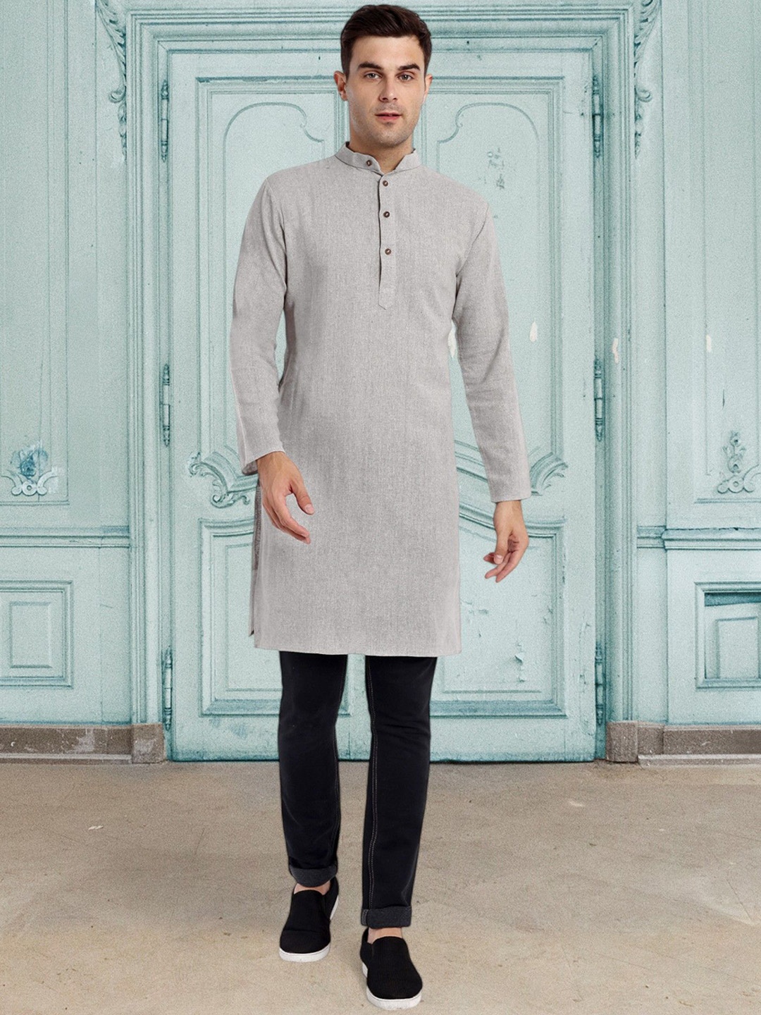 

SKAVIJ Band Collar Cotton Straight Kurta, Grey