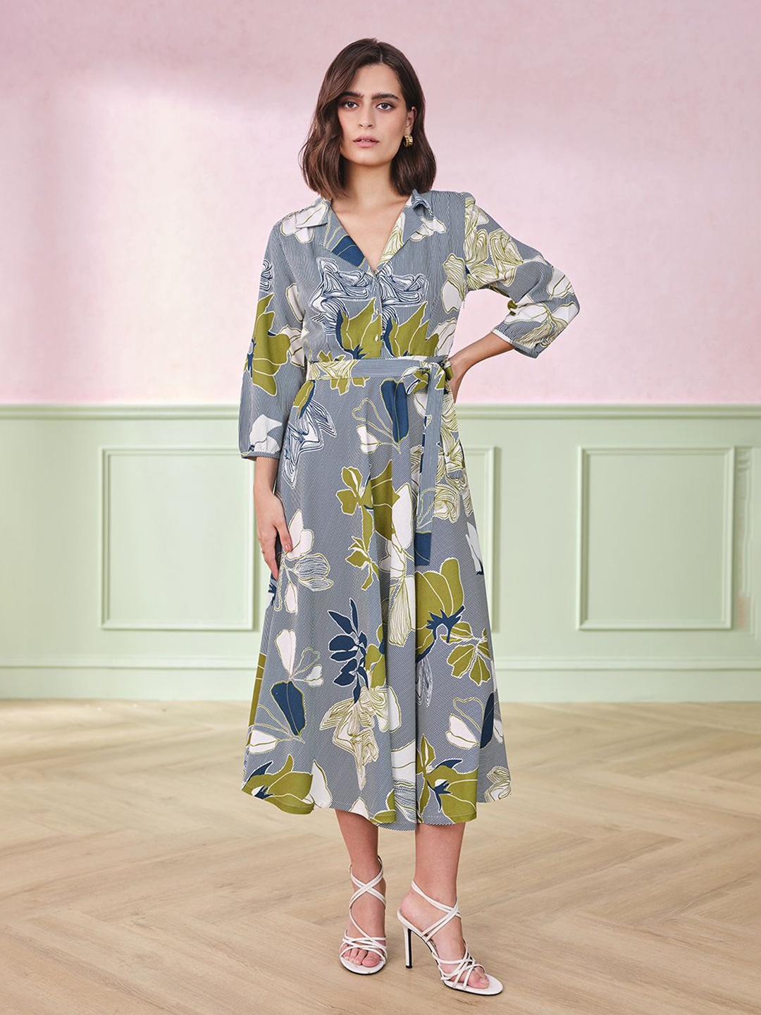 

AND Floral Printed Fit and Flare Dress, Blue