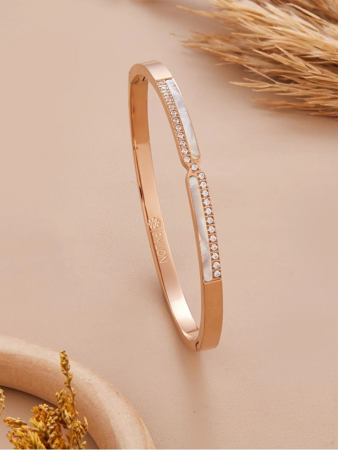 

PYLON Stainless Steel American Diamond Kada Bracelet, Rose gold