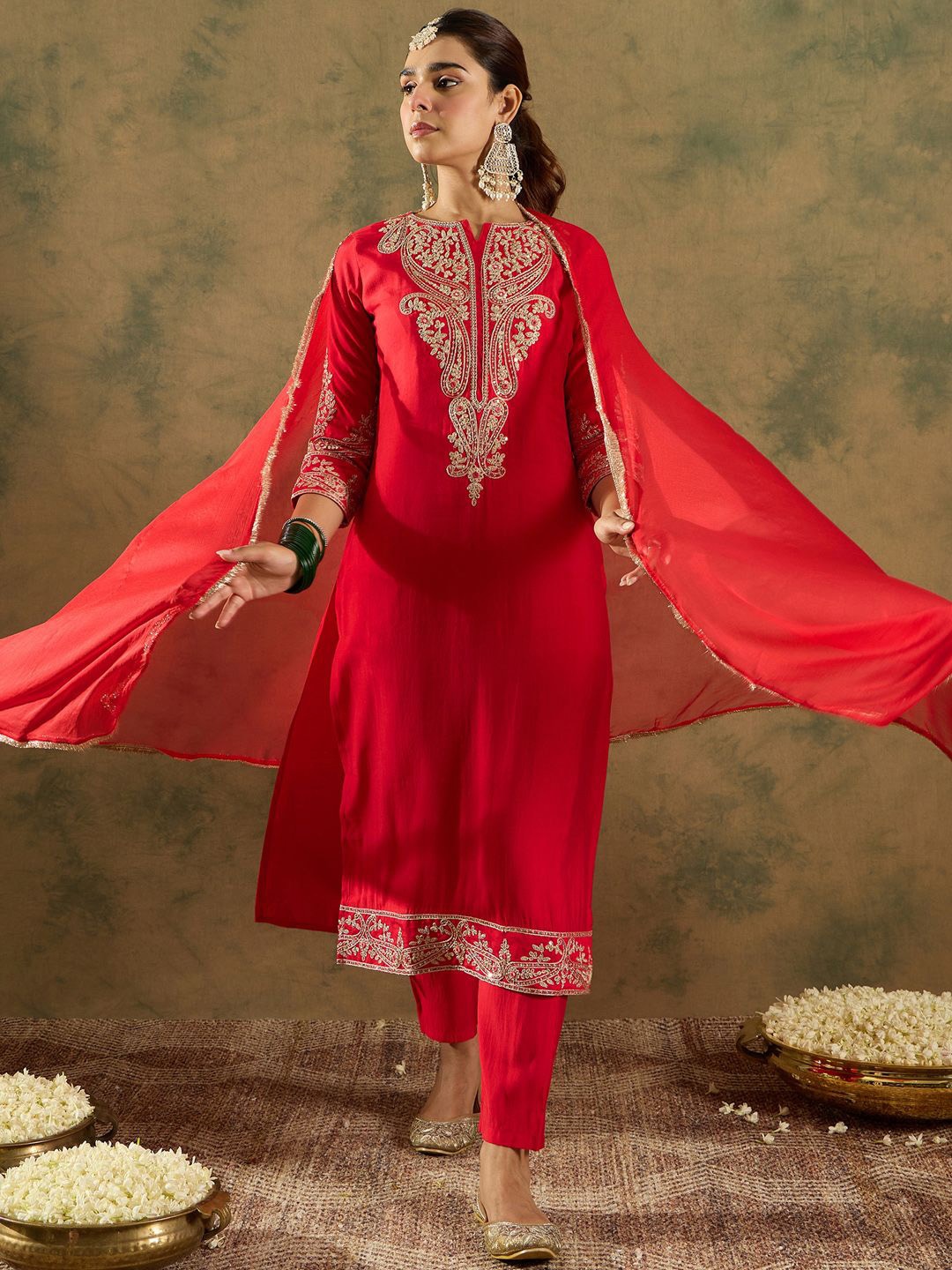 

Indo Era Paisley Zari Embroidered Kurta with Trousers & With Dupatta, Red