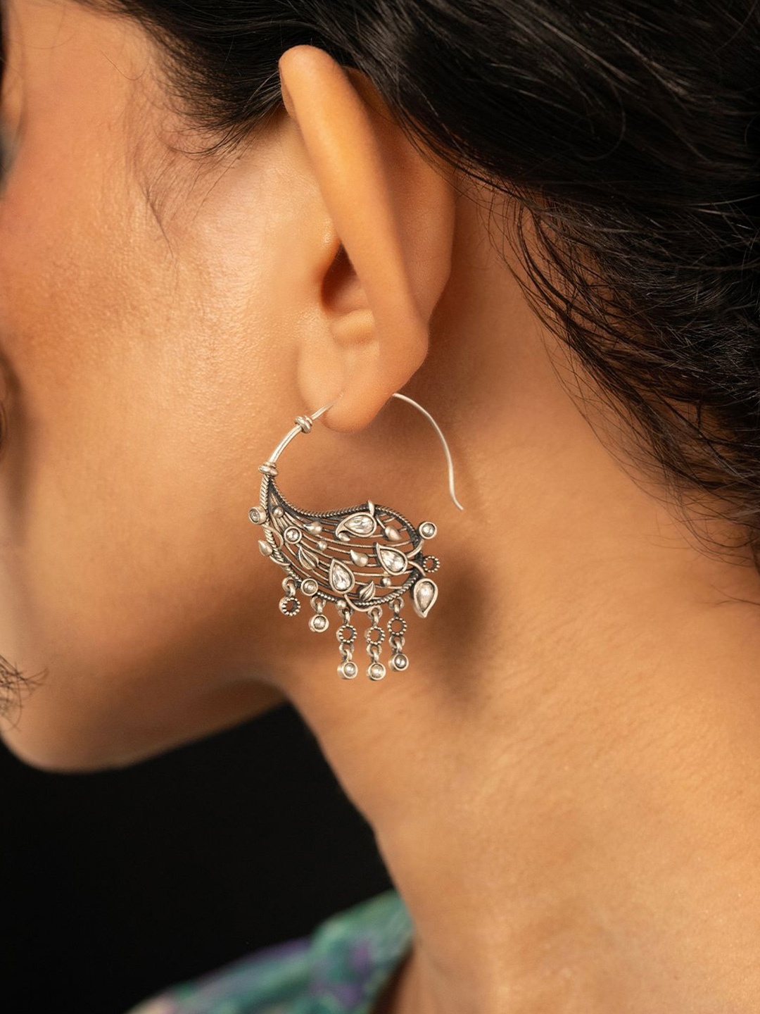 

SHAYA Jhatak Matak 925 Sterling Silver Stone Studded Contemporary Oxidised Hoop Earrings