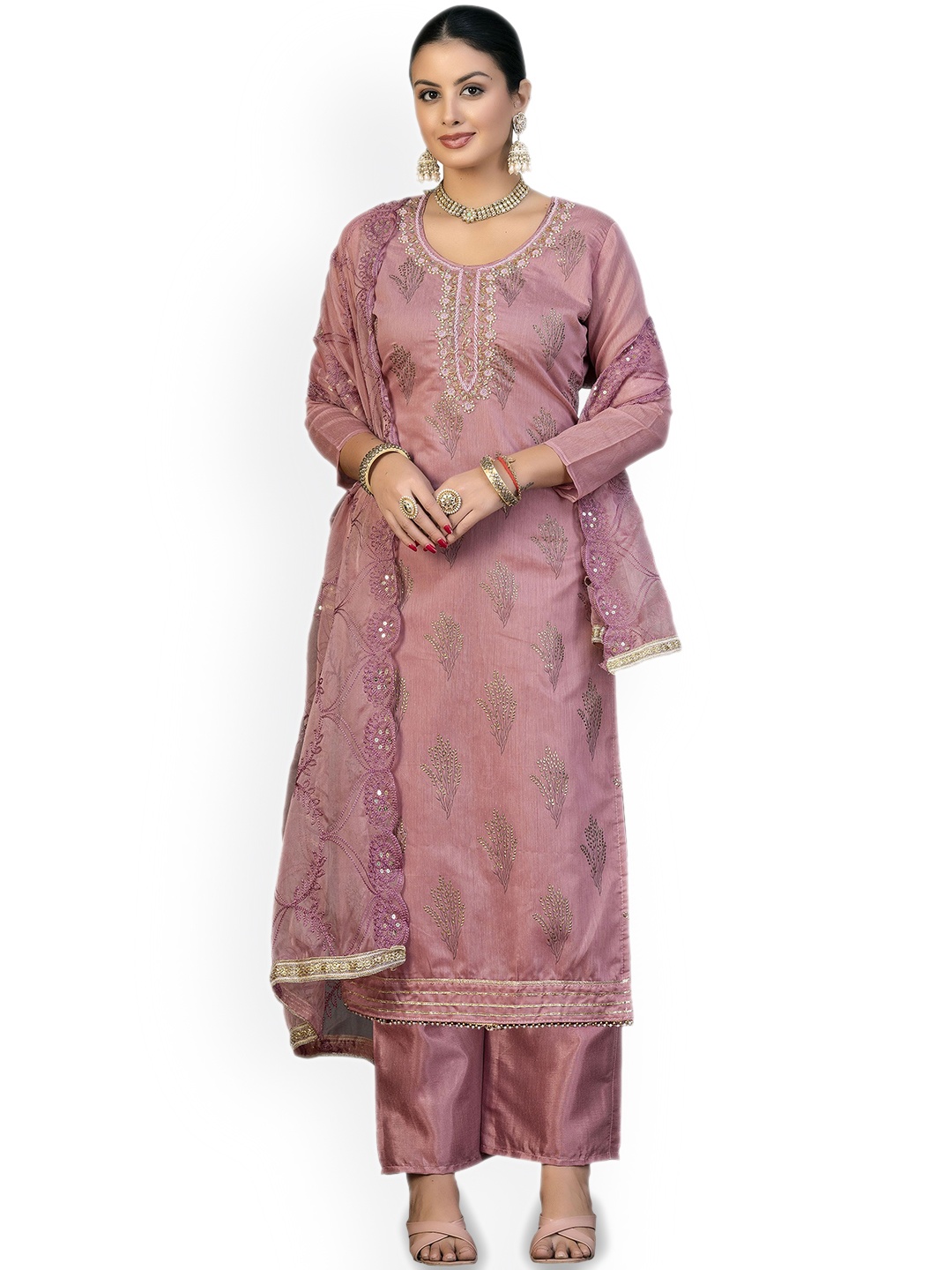 

Maroosh Floral Embroidered Beads and Stones Unstitched Dress Material, Purple