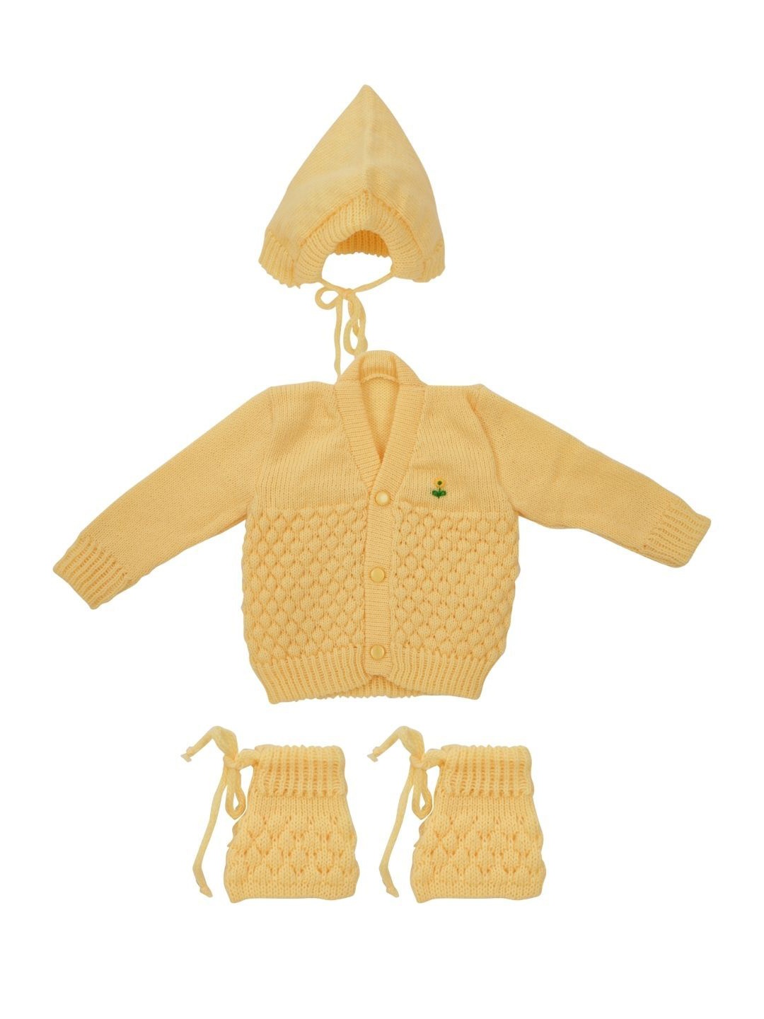 

CUBS & HUGS Infants Set Of 3Pc Wool Knitted Embroidered Sweater With Cap & Booties, Yellow