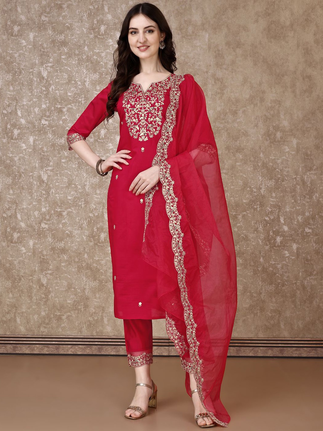 

KALINI Floral Embroidered Sequinned Chanderi Cotton Straight Kurta With Trousers & Dupatta, Red