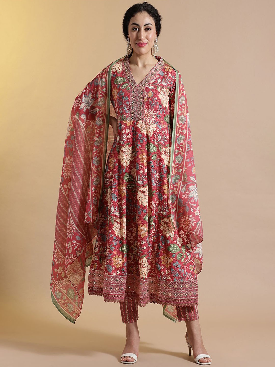 

Anouk Floral Embroidered Empire Mirror Work Pure Cotton Kurta with Trousers & Dupatta, Maroon