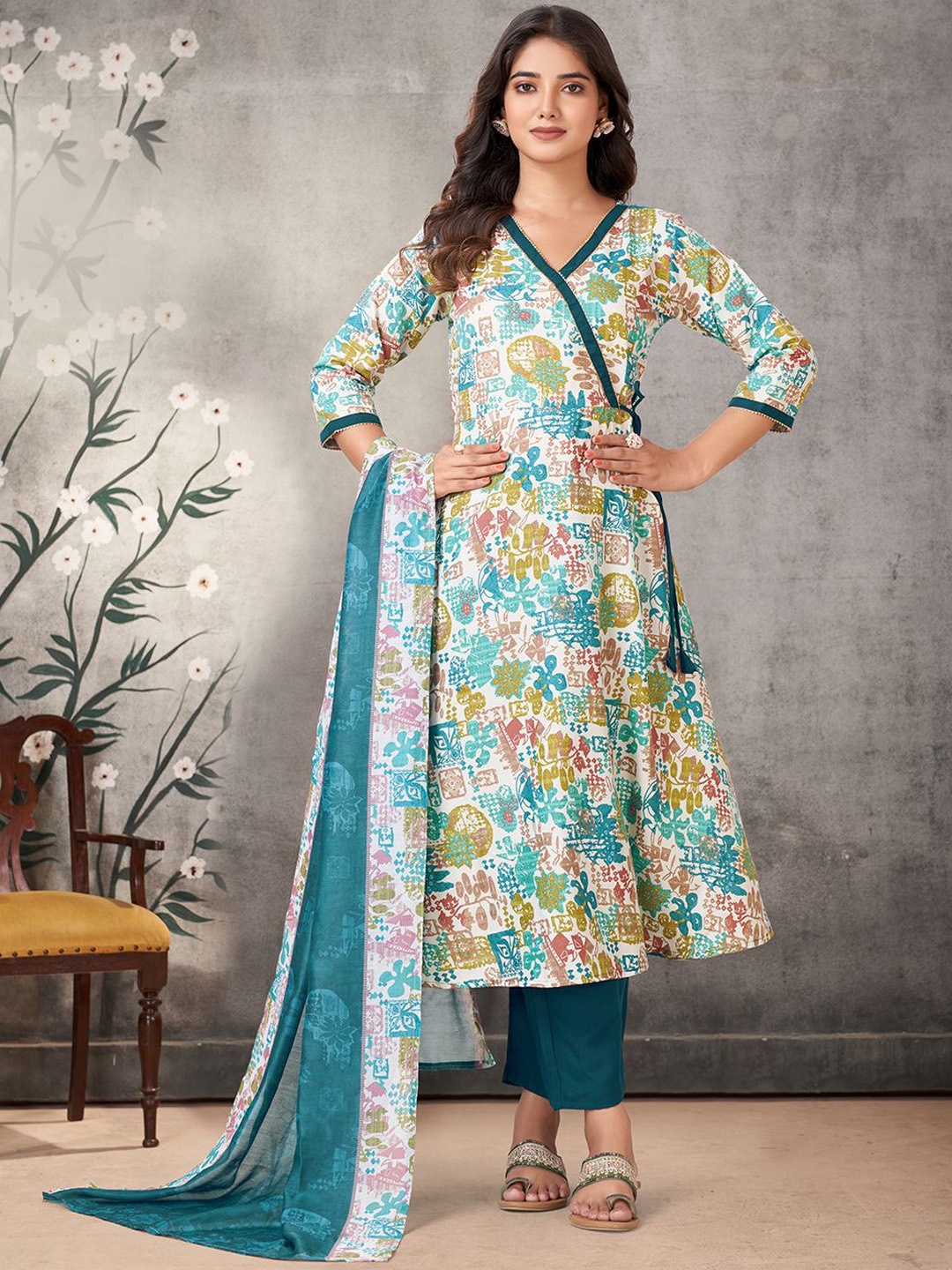 

KALINI Floral Printed Angarakh Anarkali Kurta with Palazzos & Dupatta, Green