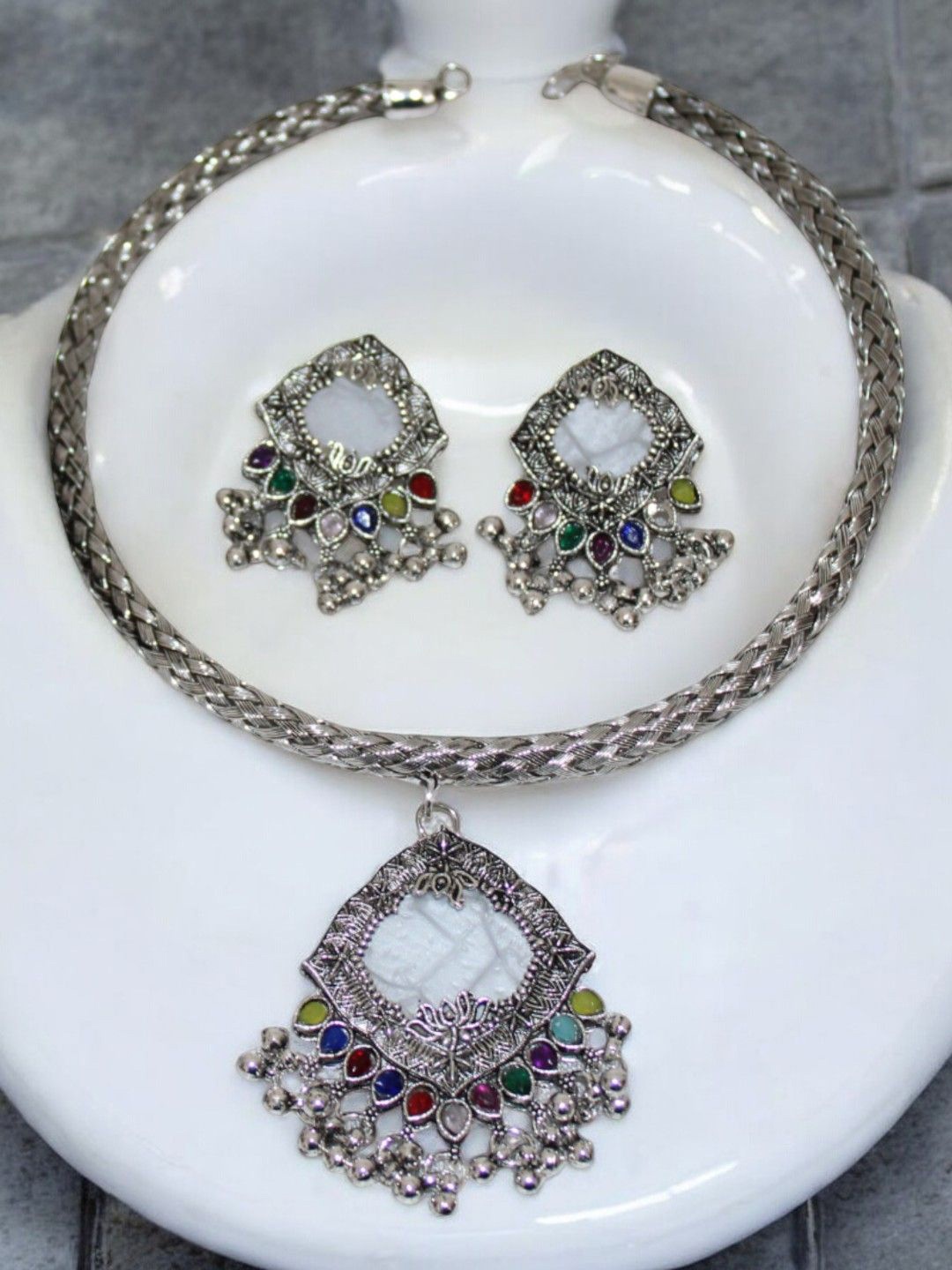 

Jolly Faces Stones Studded & Beaded Necklace and Earrings, Silver