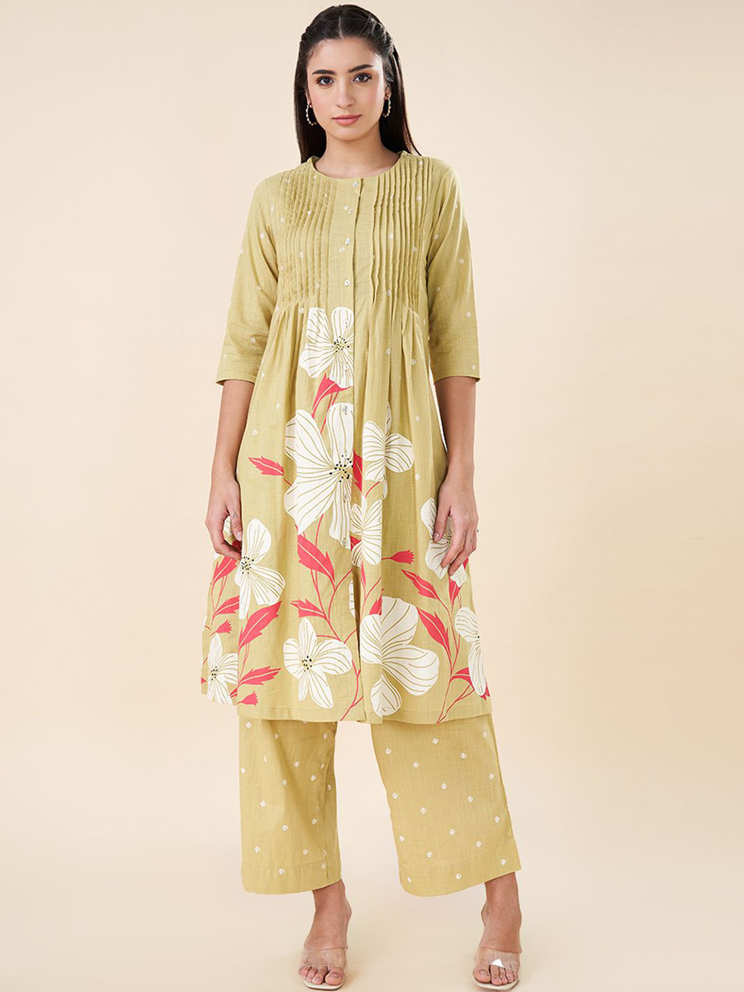 

RANGMANCH BY PANTALOONS Floral Printed Pure Cotton Straight Kurta, Olive