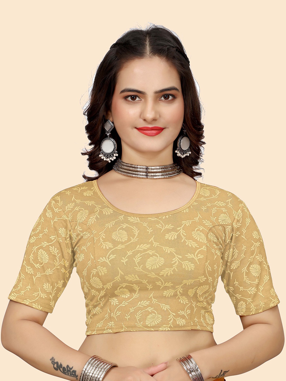 

SHREEJI DESIGNER Women Stretchable Floral Printed Saree Blouse, Cream