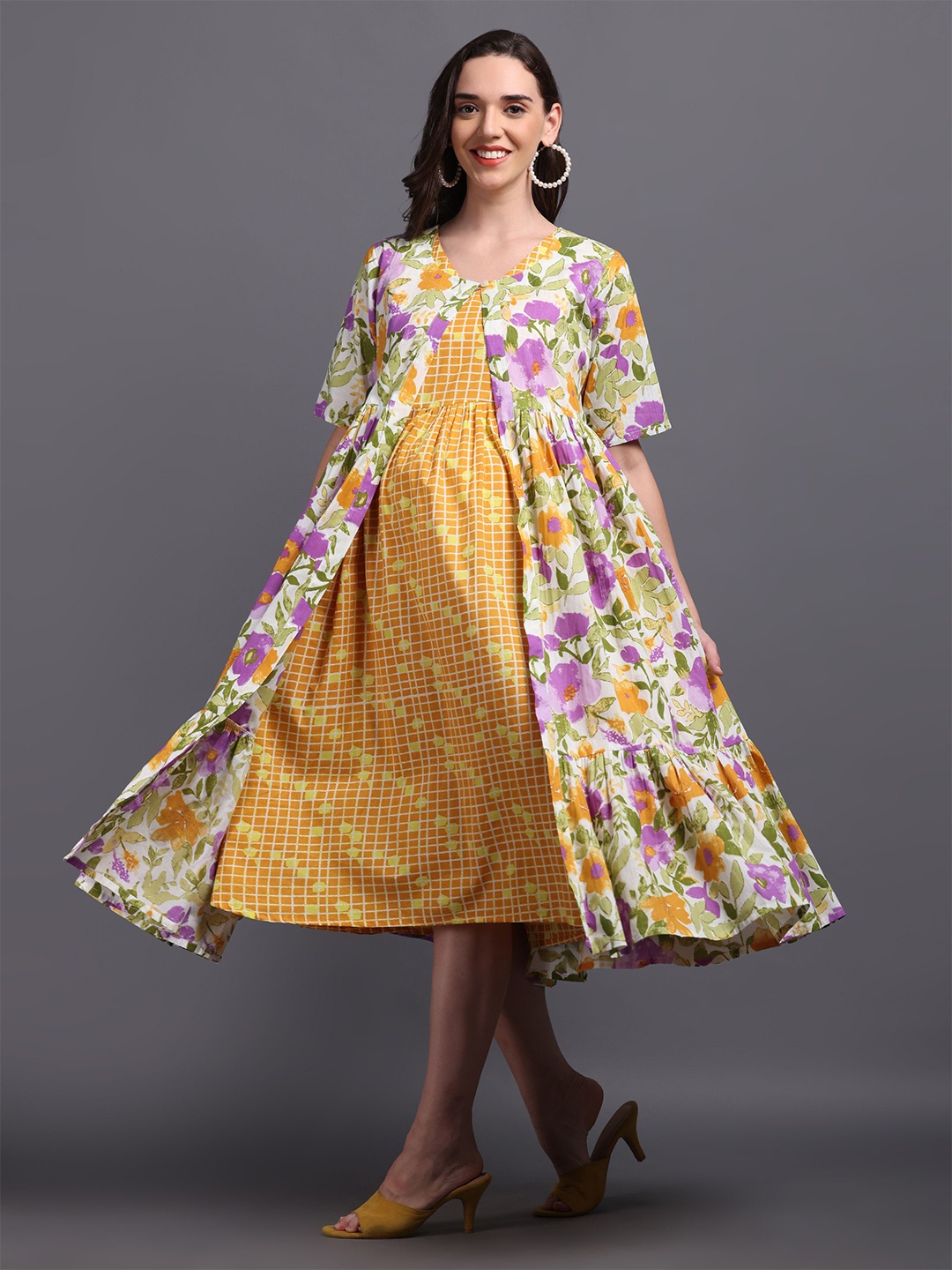 

CHARISMOMIC Womens Cotton Fit and Flare Midi Dress, Yellow