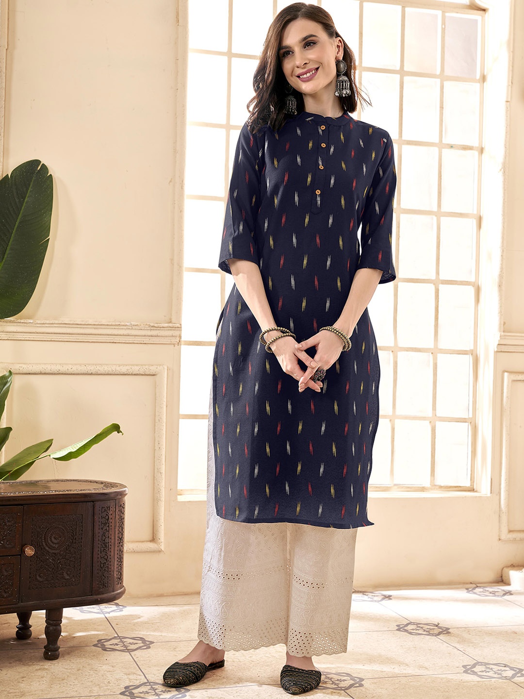 

Anouk Abstract Printed Mandarin Collar Pure Cotton Straight Kurta, Blue