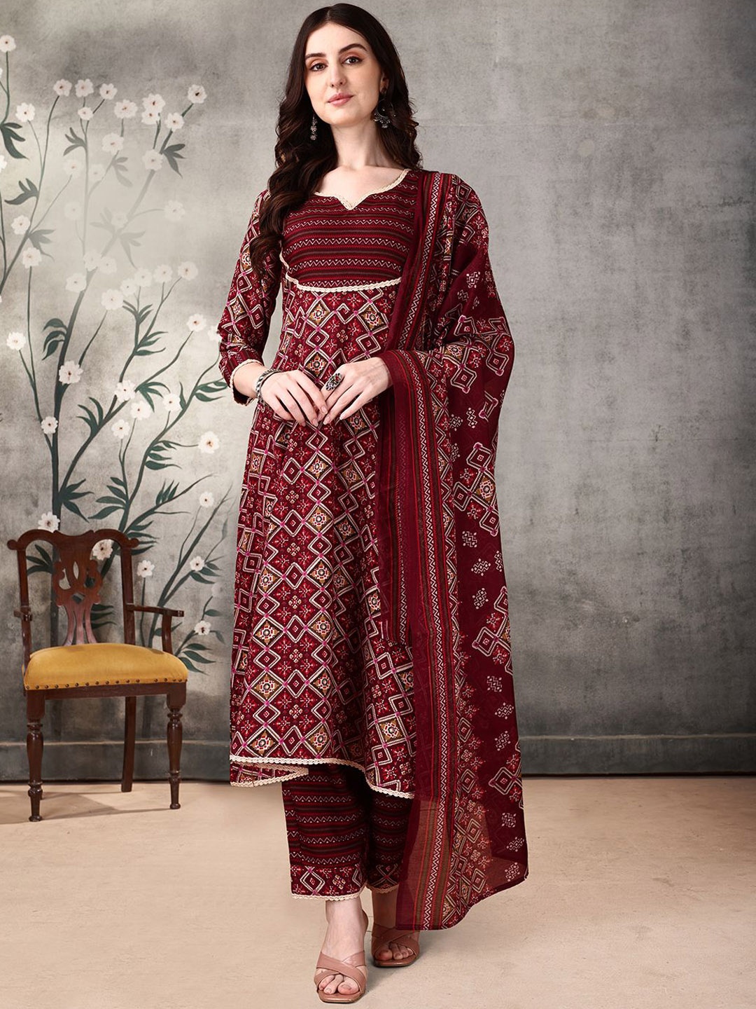 

KALINI Ethnic Motifs Printed Notched Neck Anarkali Kurta With Palazzos & Dupatta, Maroon