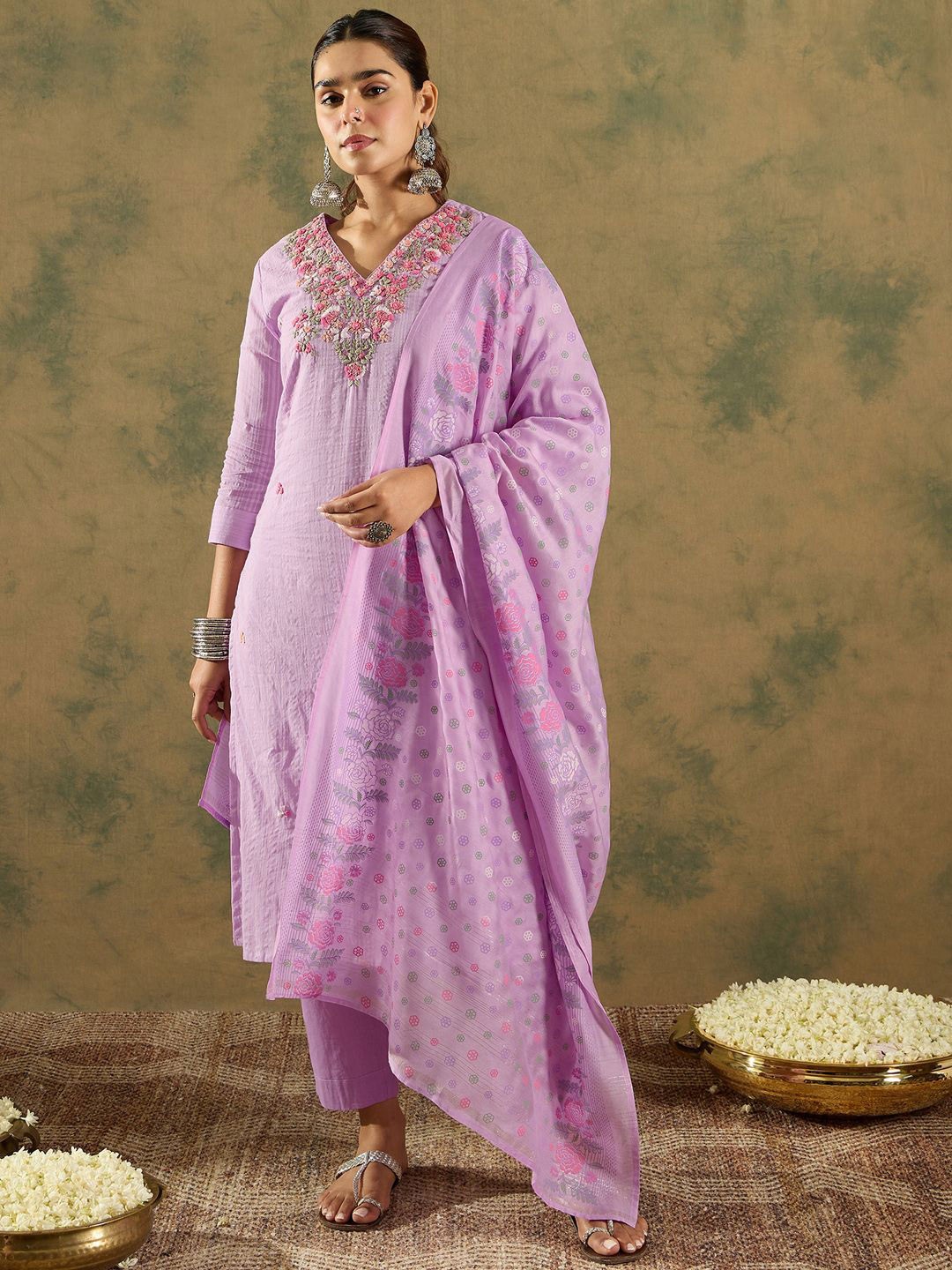 

Indo Era Women Floral Embroidered Regular Thread Work Pure Cotton Kurta with Trousers & With Dupatta, Lavender