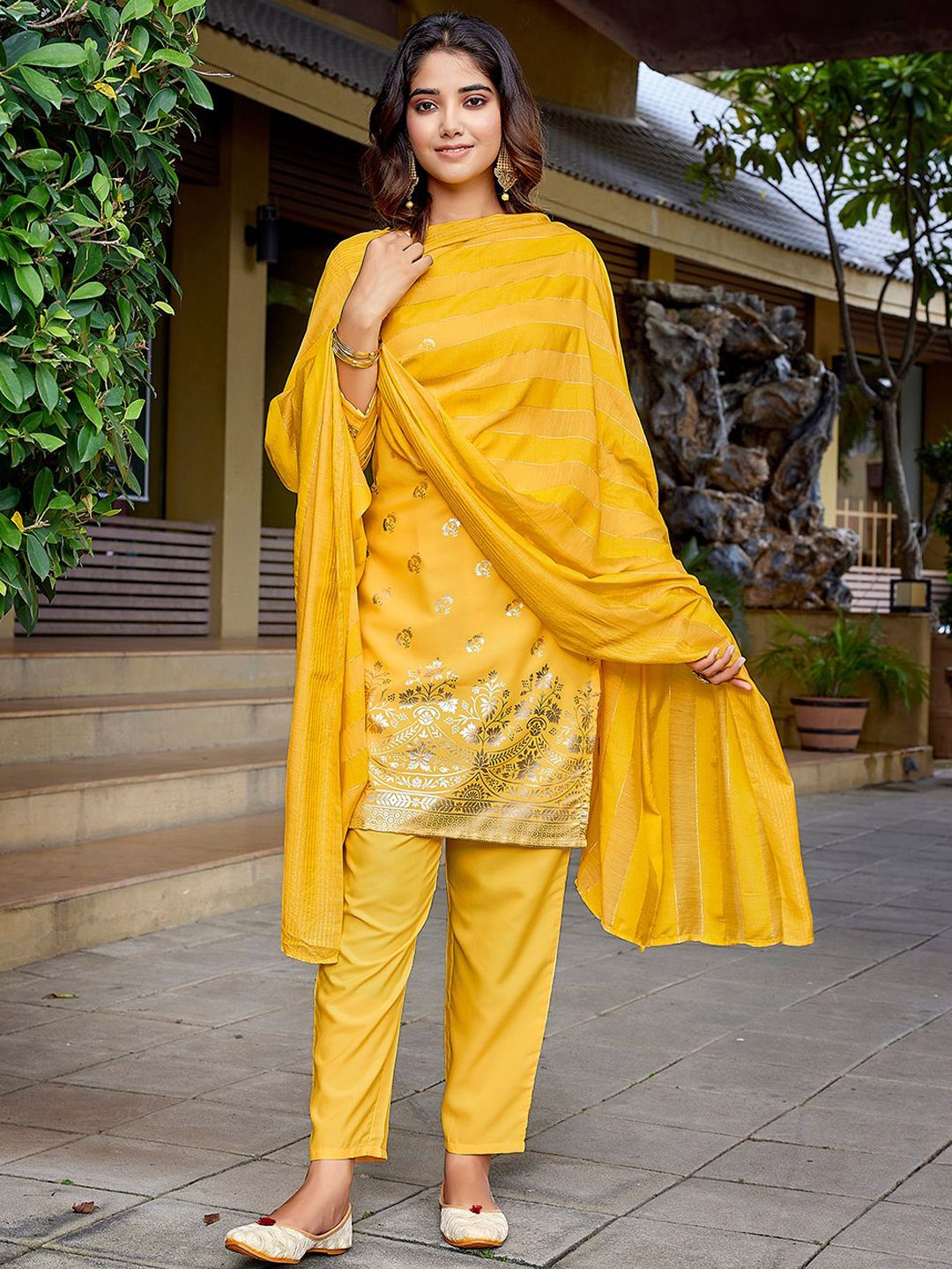 

Royal Export Floral Foil Printed Straight Kurta With Trouser & Dupatta, Yellow