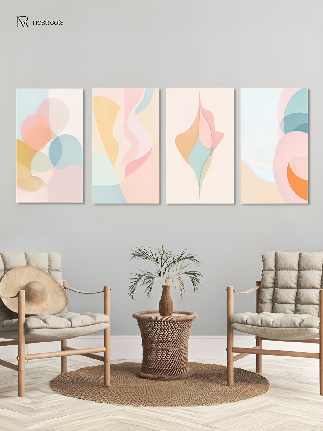 

nestroots Cream 4 Pieces Elegant Abstract Pastel Canvas Paintings Wall Arts