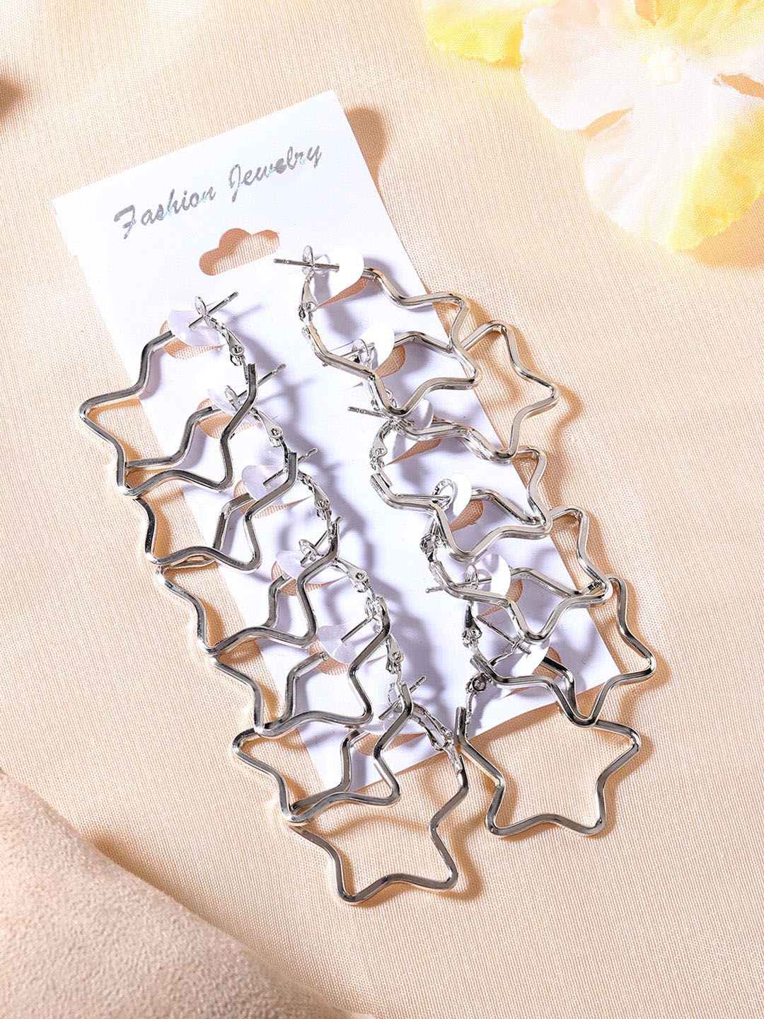 

Estele Set Of 6 Rhodium Plated Star Shaped Hoop Earrings, Silver