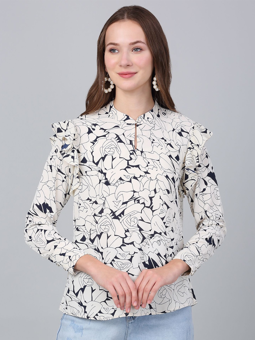 

Cantabil Women Floral Printed Mandarin Collar Top, Off white