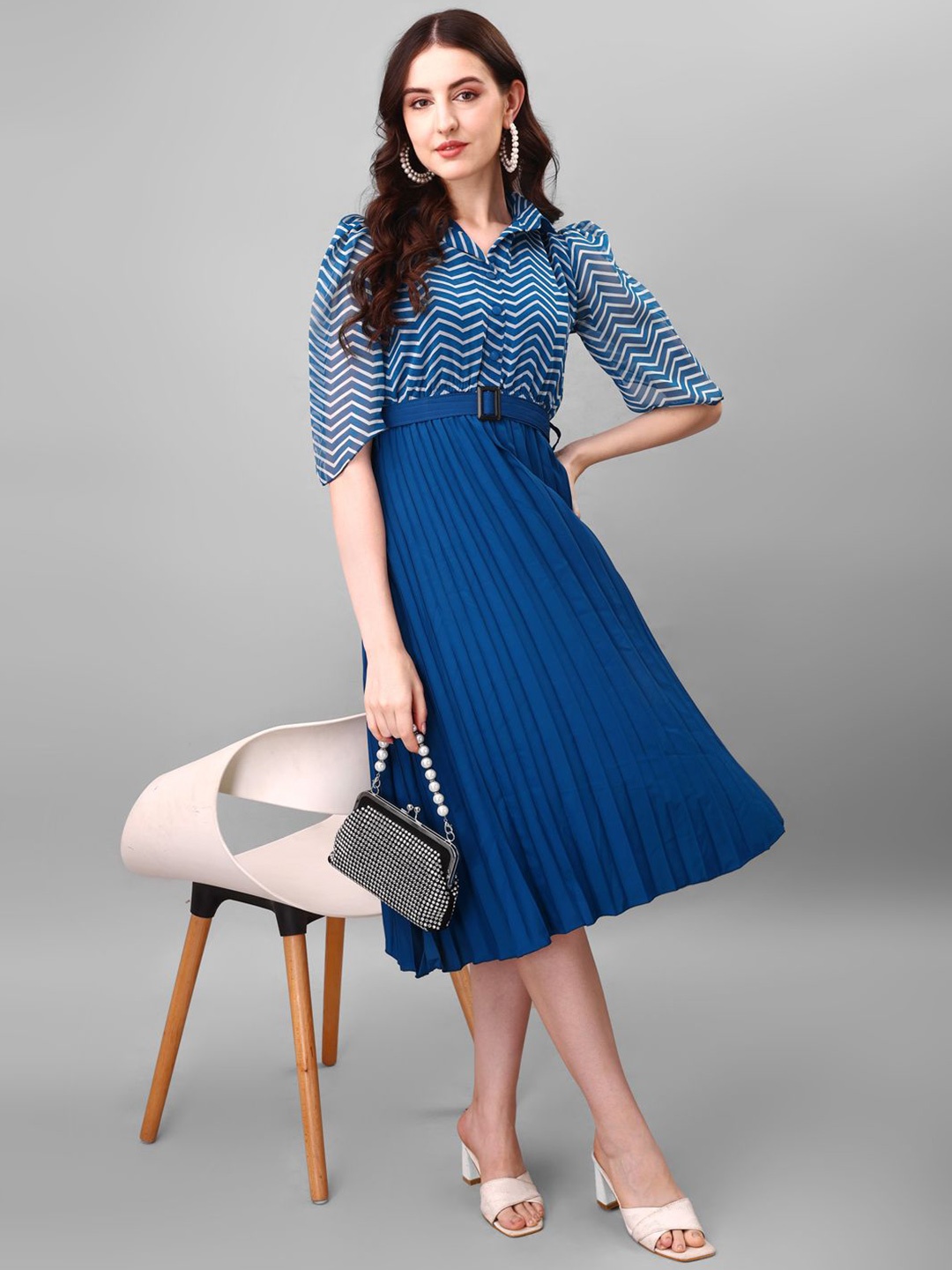 

Raiyani Enterprise Women Chevron Printed Georgette Fit & Flare Dress, Blue