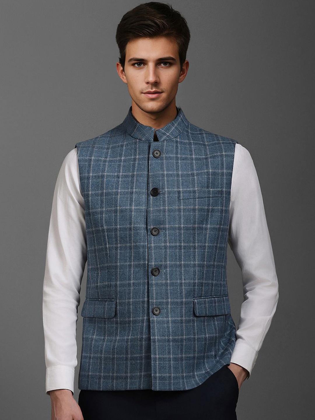 

Louis Philippe Men Checked Slim-Fit Woven Nehru Jackets, Blue