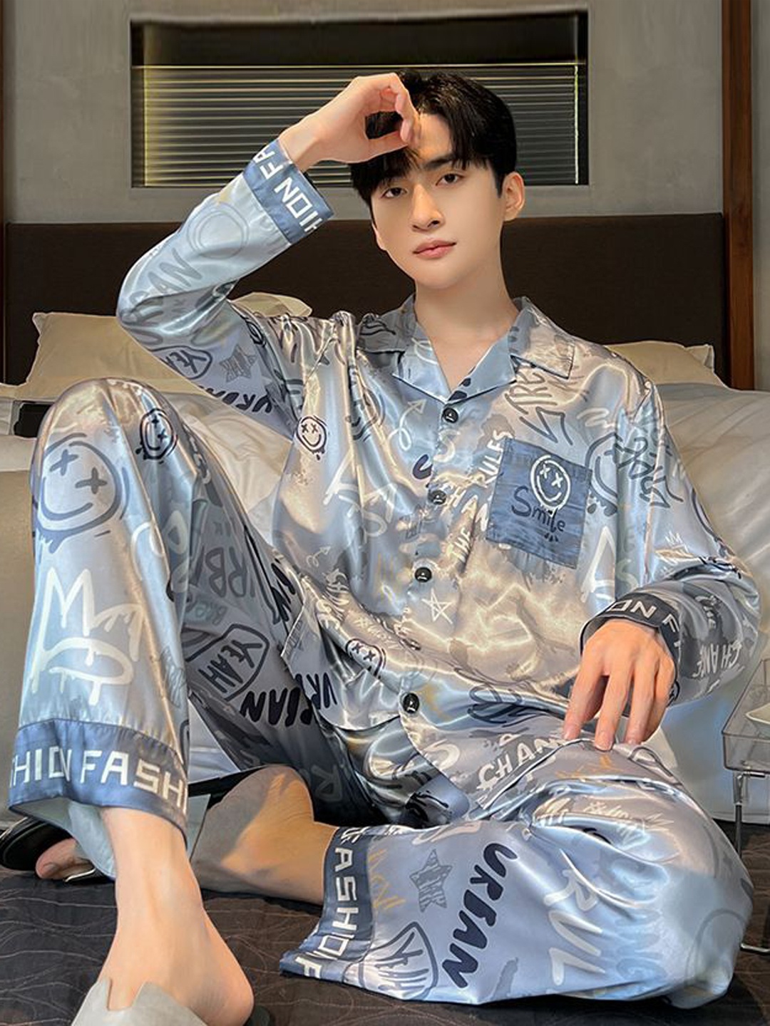 

StyleCast Men Grey Printed Lapel Collar Shirt With Pyjama Night Suit