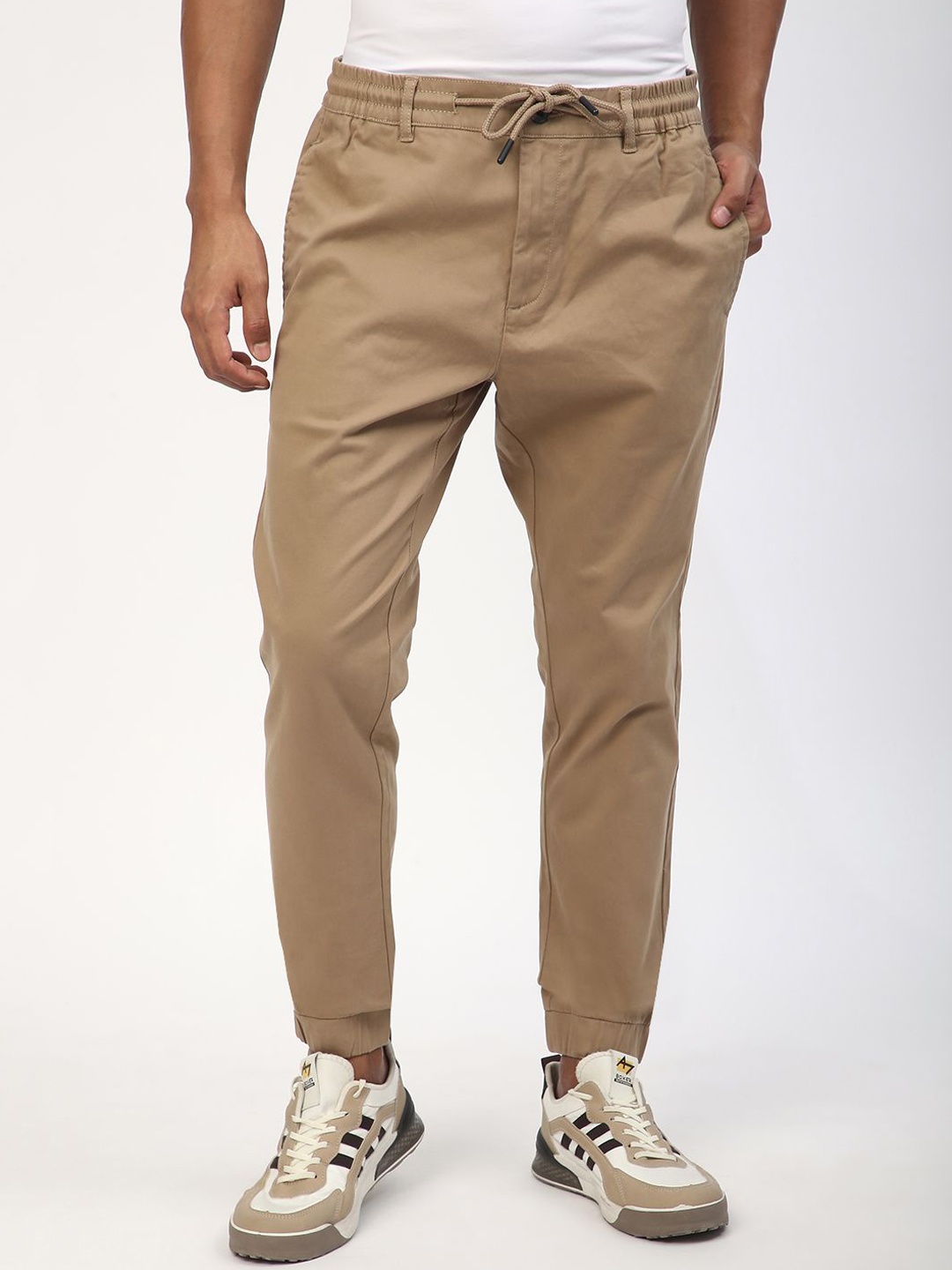 

R&B Men Cotton Joggers Drawstring Joggers Trousers, Beige