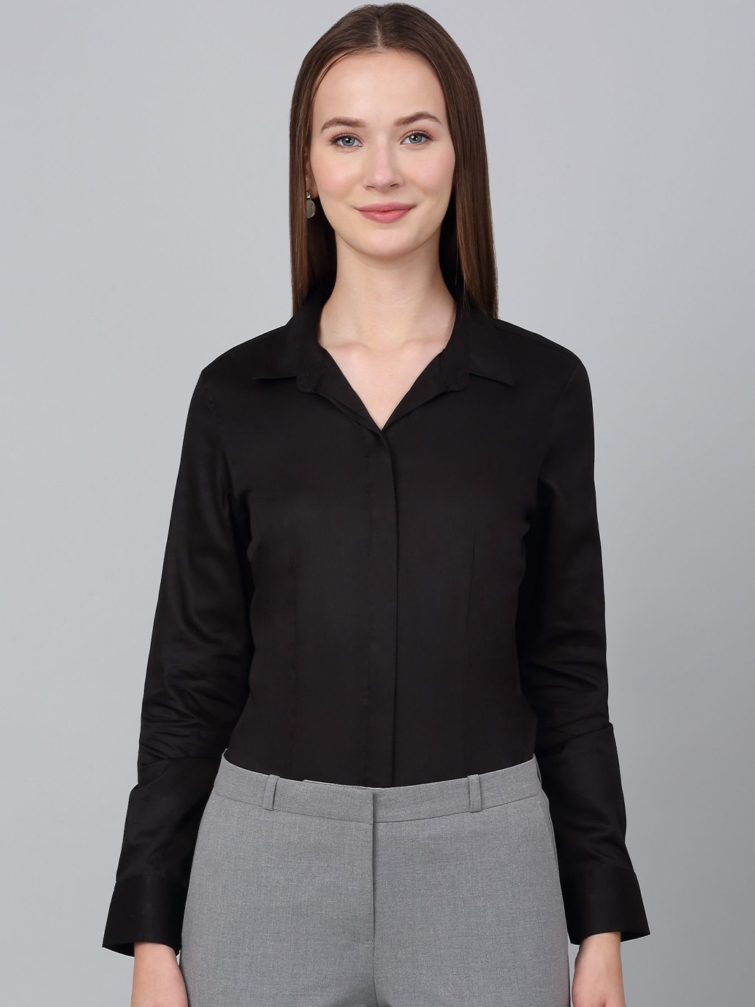 

Cantabil Women Spread Collar Solid Cotton Formal Shirt, Black